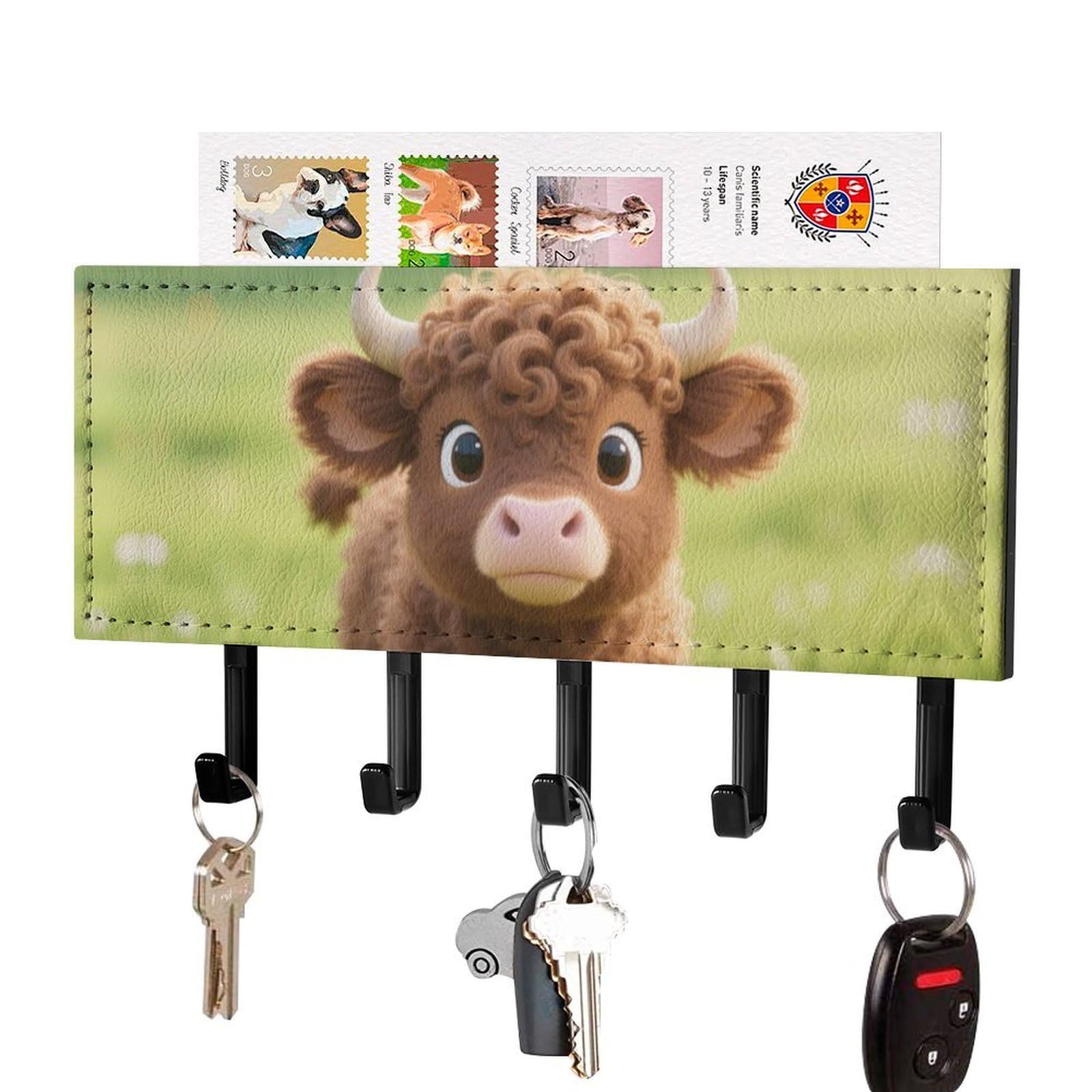 DWVTSLH Cow Key Holder for Wall, Decorative Key Hooks with Mail Organizer & 5 Hooks, Self Adhesive Leather Key Hanger for Entryway, Wall Mounted Key Rack (7.1” X 4.3” X 0.9”)