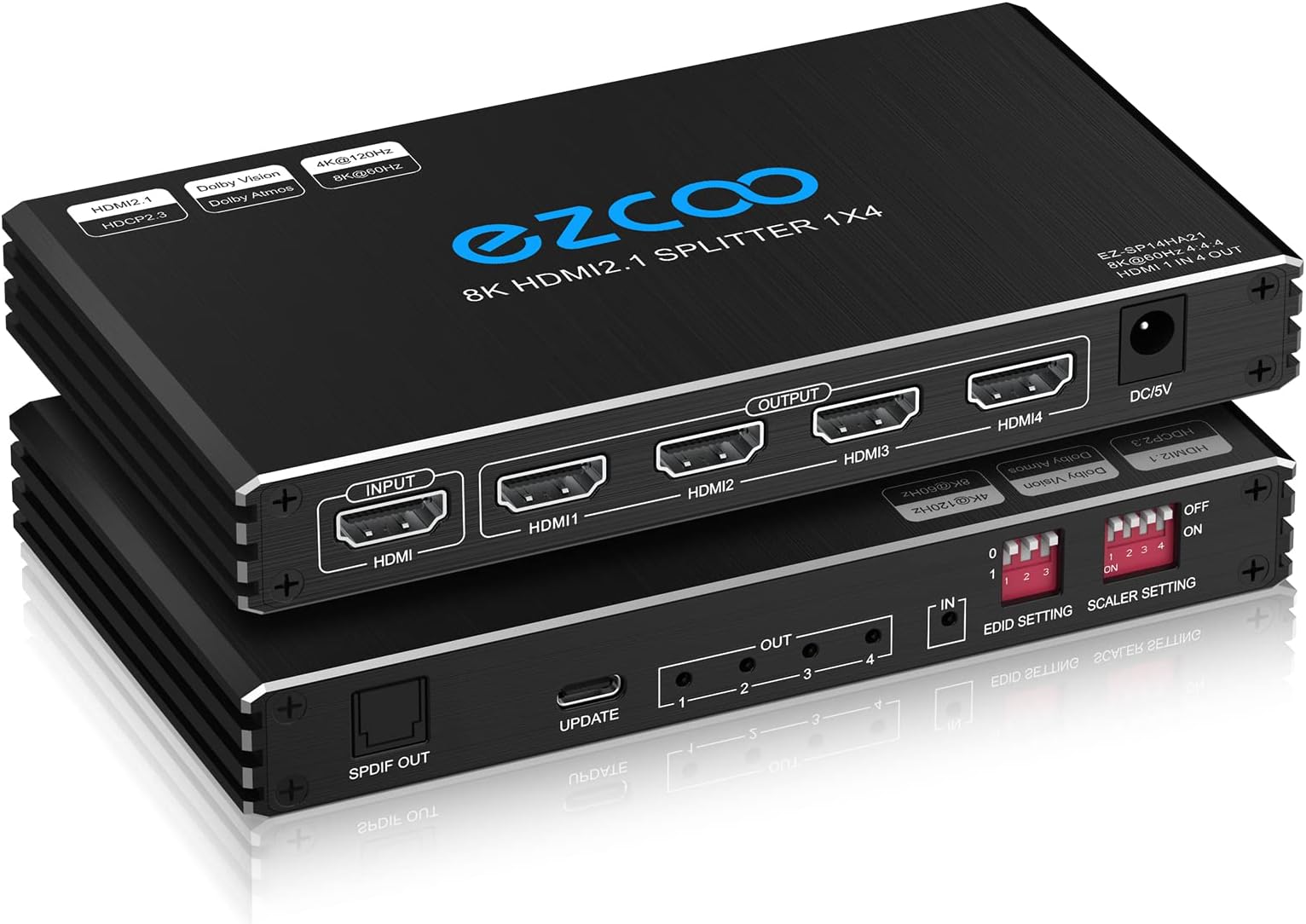 EZCOO HDMI 2.0 Splitter 1x4 4K 60Hz 4:4:4 18Gbps HDR Dolby Vision HDCP 2.2, Support HDMI Scaler 4K 1080P Work Together and Dolby Atmos DTS:X Audio, with EDID DIP Switch