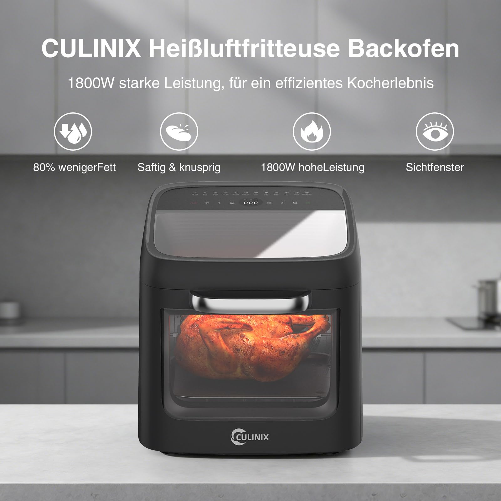 Große Heißluftfritteuse Pizza,Air Fryer XXL 12L,Backofen 12-in-1 Heissluftfritteuse Rotisserie mit 8 Zubehör,Grill Friteuse,Multifunktionale AirFryer ohne Öl mit 2 Großes Sichtfenster