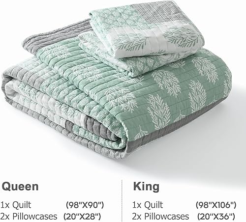 Miniatura 5 de Finlonte - Juego de edredón de algodón tamaño queen, floral, retazos reales, reversible, ligero y de color verde, gris y blanco para cama tamaño