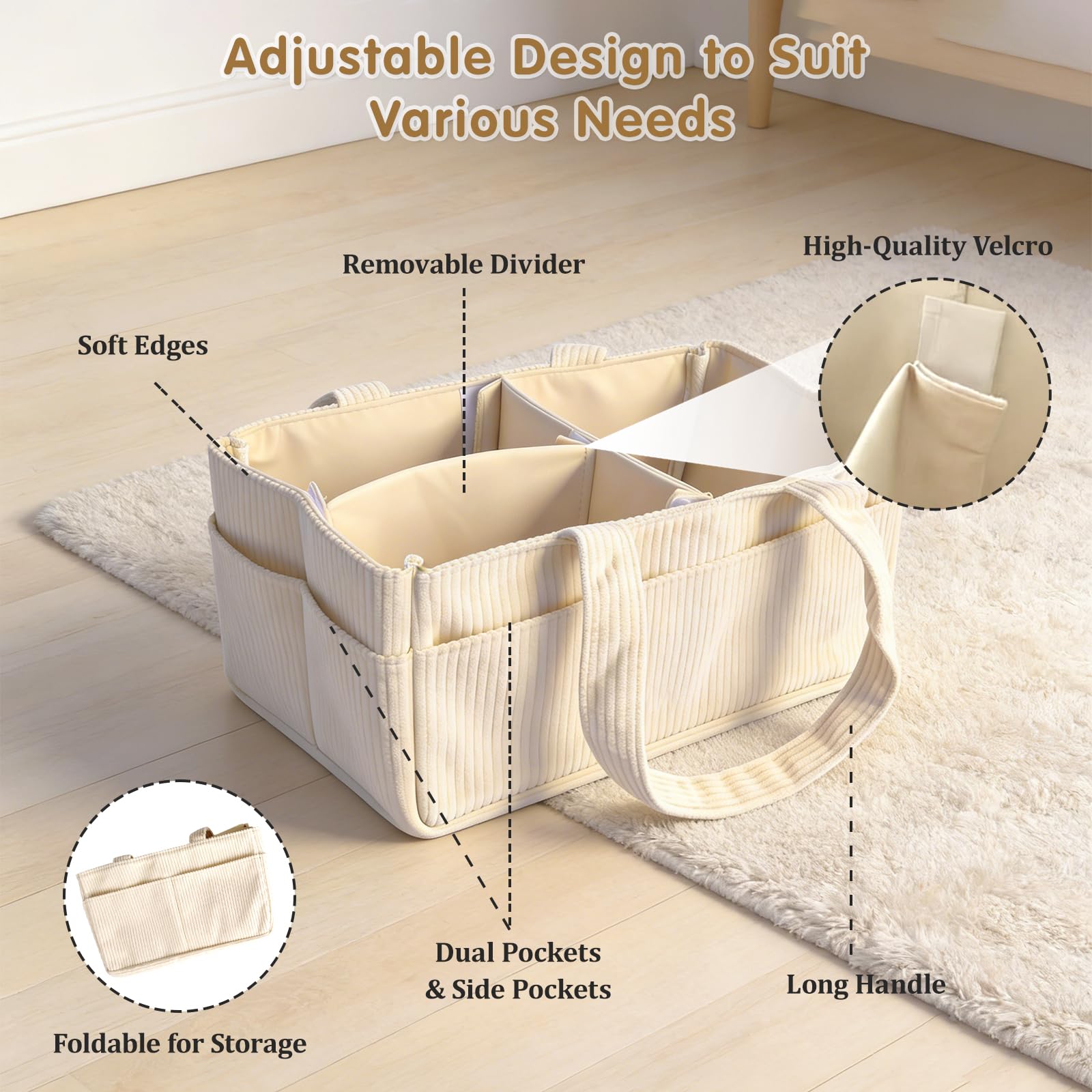 Panier de Rangement Bébé, Organiseur de Couches pour Table à Langer Bebe, Panier Portable de Rangement pour Couches et Lingettes pour Bébé, Cadeau pour Fête Prénatale et Naissance (Beige)