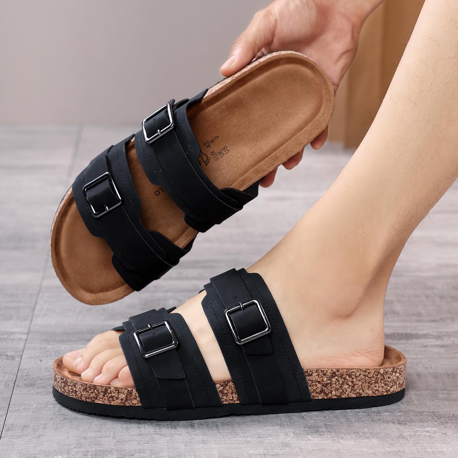 ARRIGO BELLO Mules Hombre Sandalias de Cuero Punta Abierta Hebillas Ajustables Zapatillas de Corcho Cómodas Antideslizantes EU41-46