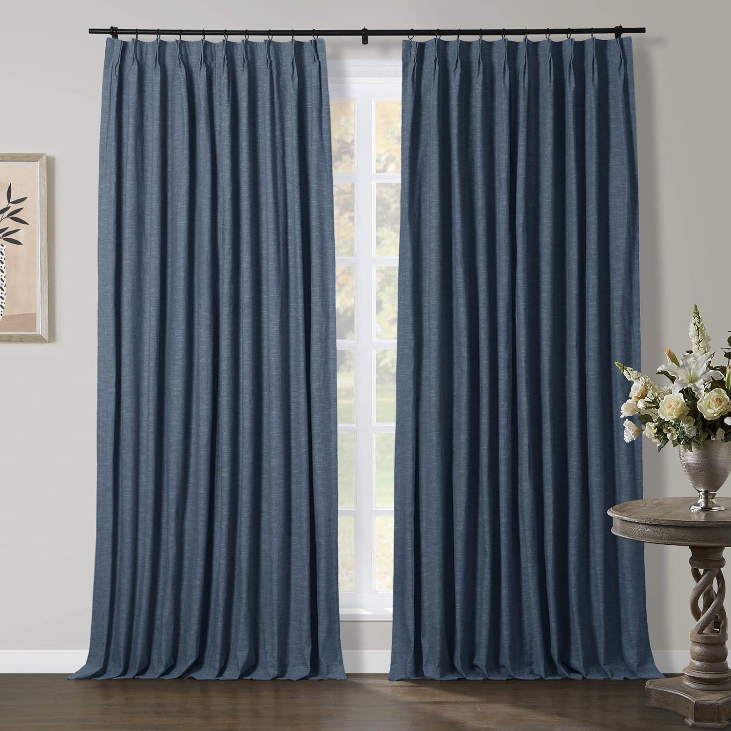 TWOPAGES Linen Cotton Blend Curtain 90 Inches Long Window Treatment Pinch Pleat Heavyweight Drape for Living Room Bedroom Light Filtering Curtain (Deep Blue, 40W x 90L Inches, 1 Panel)