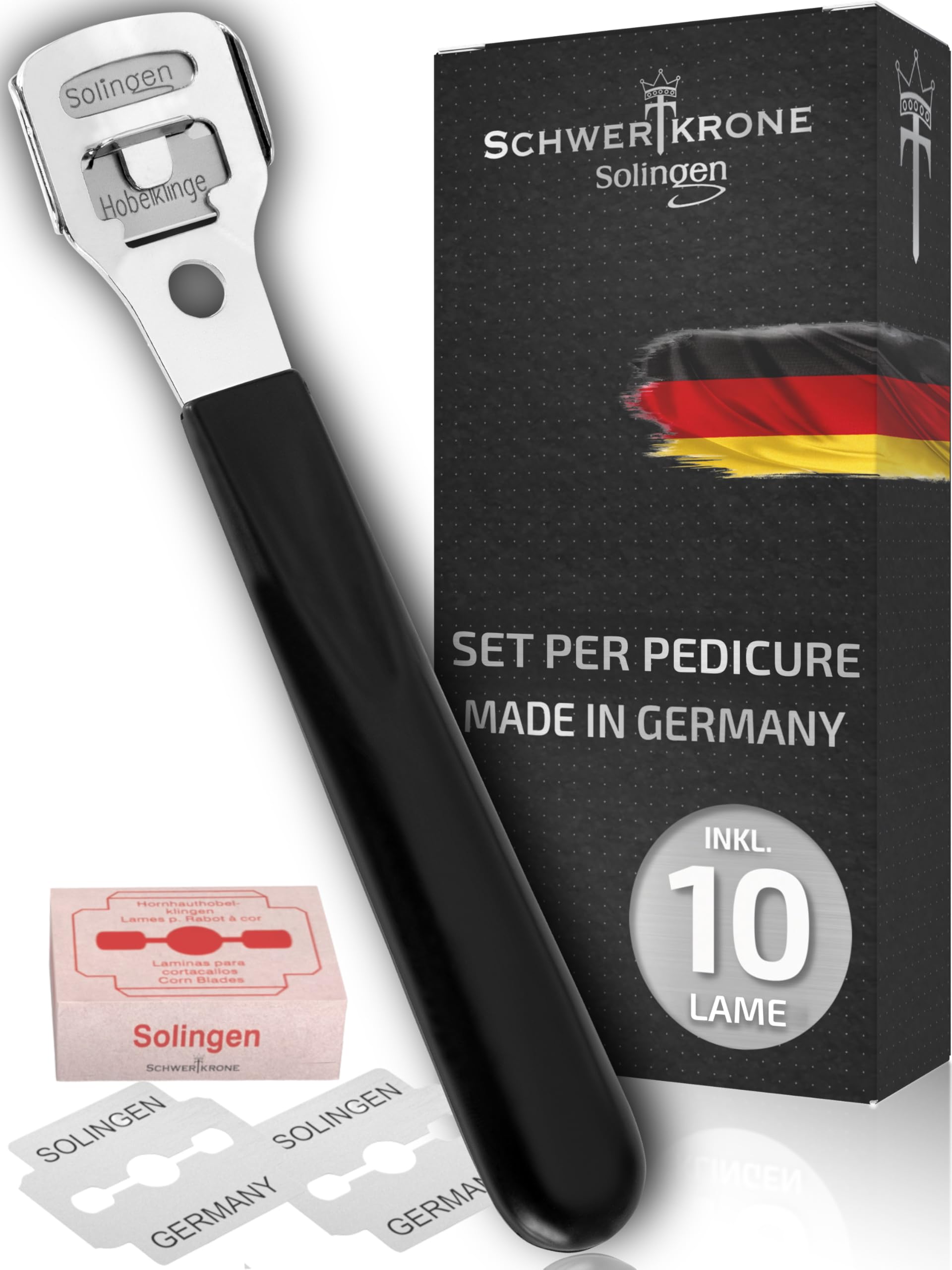 Schwertkrone Set per calli con 10 lame [Made in Solingen – Germania] – Pialla per calli – Rimozione calli con lame di ricambio – Strumento per la cura dei piedi per uomini e donne – Pedicure