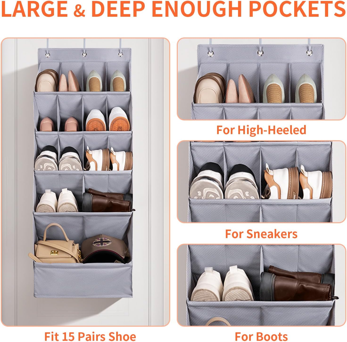 FENTEC 1 Pack Over-the-Door-Shoe-Organizers, Hanging Organizers with Large Pocket Shoe Holder Hanging Shoe Rack for Closet Shoe Organizer for Wall, Over Door Organizer with 15 Pockets Gray - Image 4