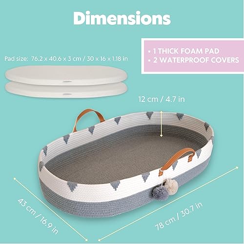Miniatura 7 de Vesta Baby Cesta cambiadora de moisés de cuerda de algodón tejida, portátil, para cuarto de bebé, con almohadilla de espuma suave y 2 fundas