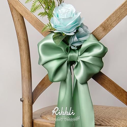 Miniatura 4 de Ribbli Cinta de satén verde salvia de 4 pulgadas de ancho para silla de boda, banda de gran apertura, lazos grandes, envoltura de regalos,