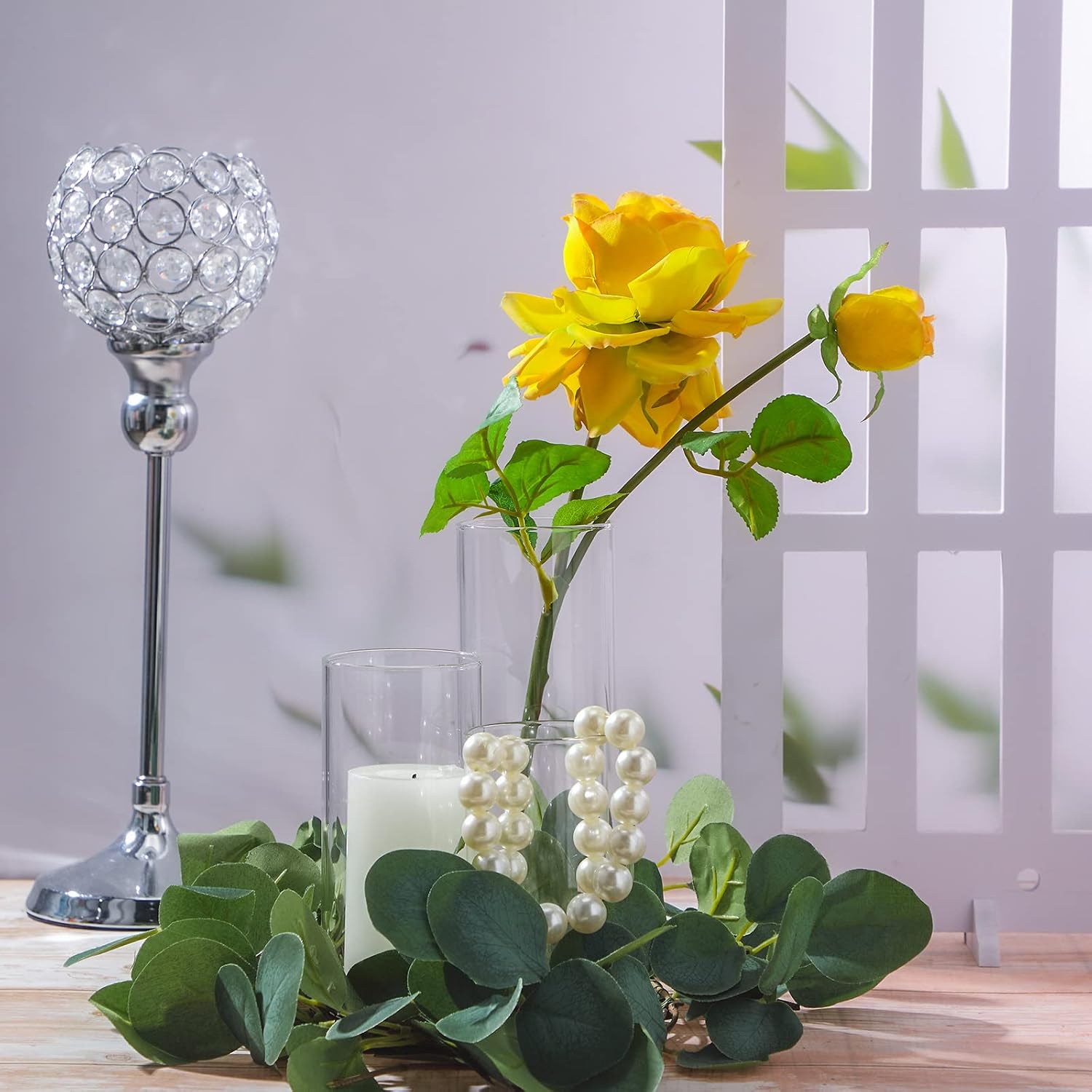 Pinkunn Set of 4 Hurricane Candle Holder Tall Clear Vase Cylinder Vases for Centerpieces with Green Eucalyptus Wreath for Summer Spring Wall Home Wedding Decorations