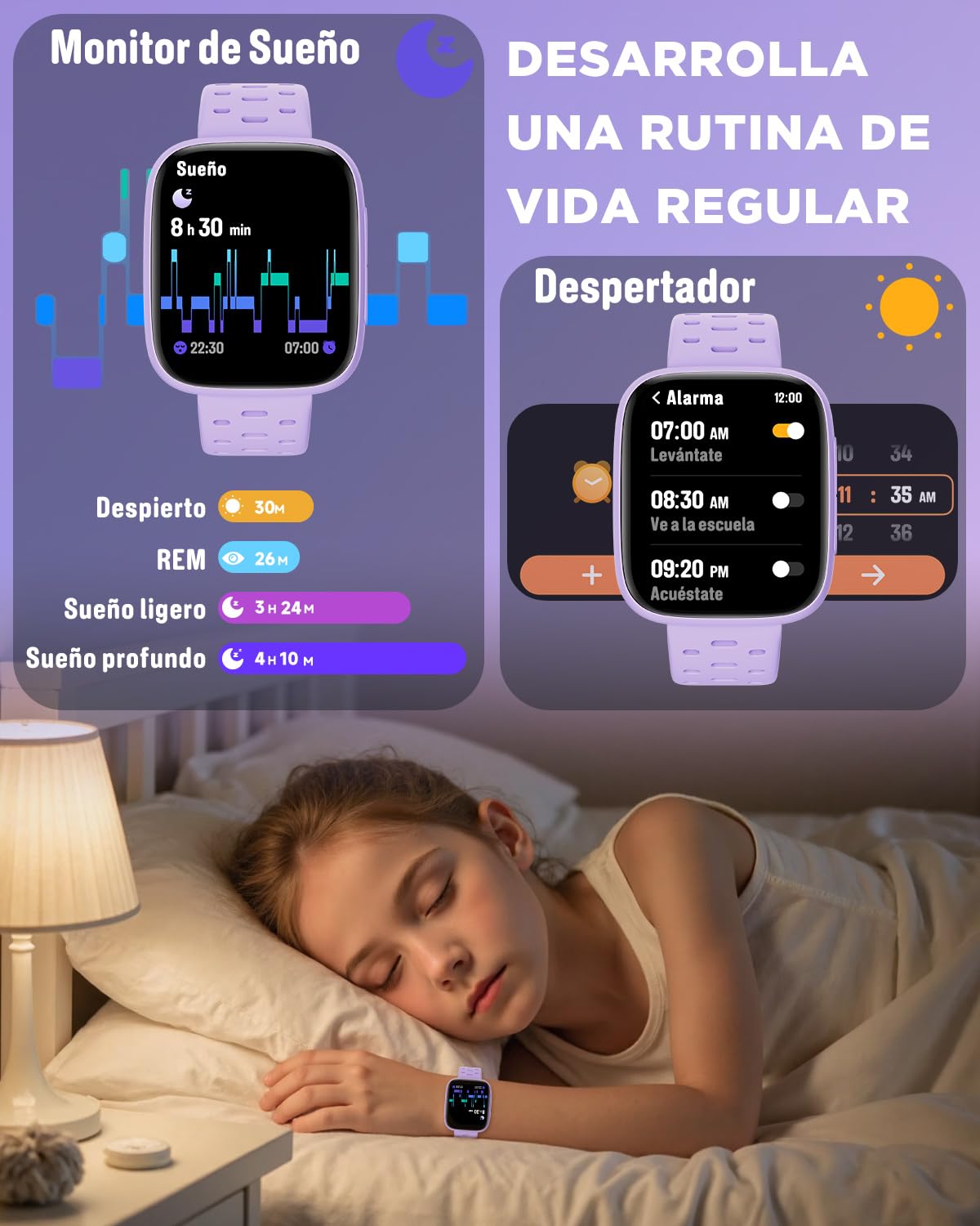 BIGGERFIVE Reloj Inteligente Niños Niñas, 1,8" Amoled Pulsera Actividad | Podómetro, Frecuencia Cardíaca, Resistente al Agua 30m, Monitor de Sueño, Despertador, Juegos con/sin App, Lila