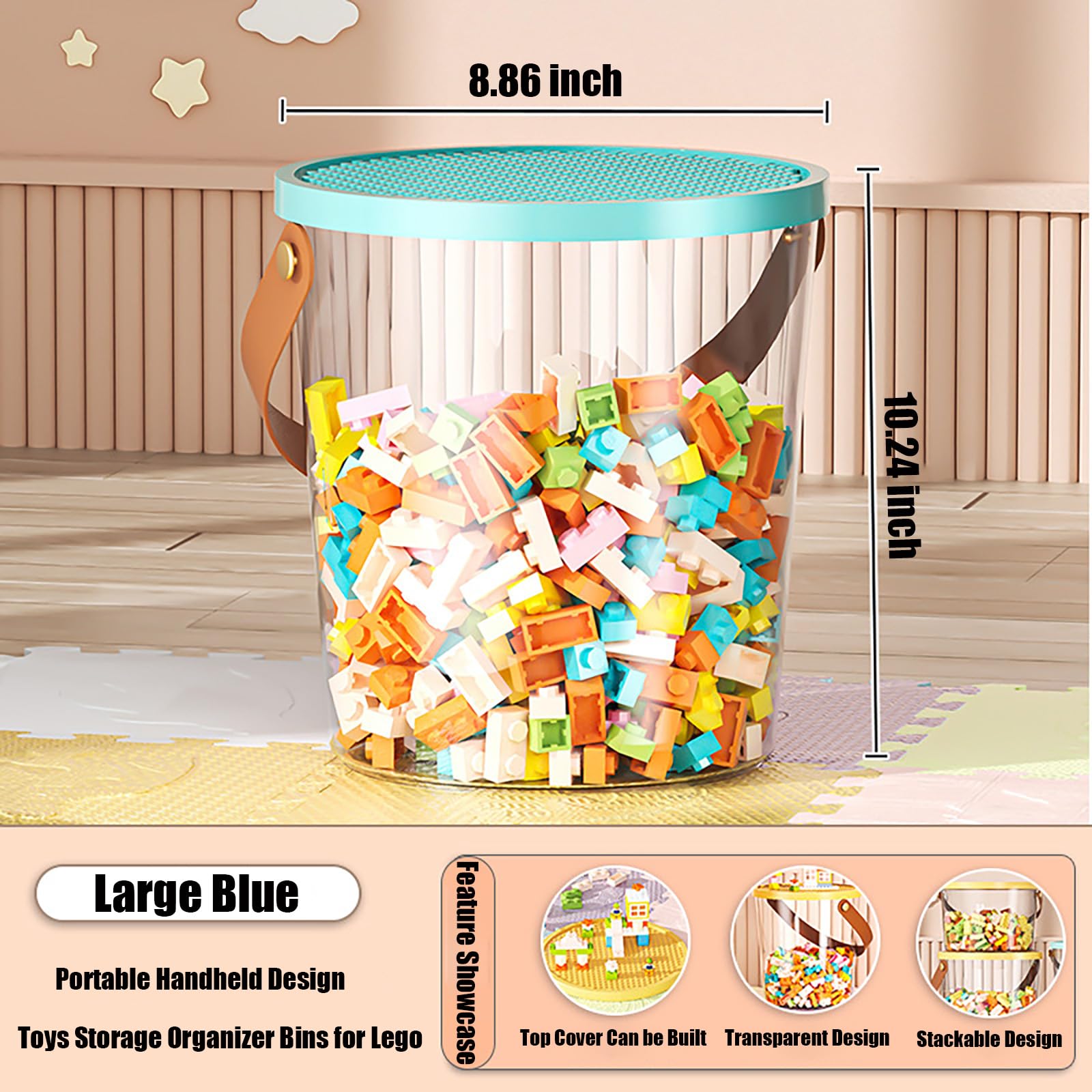 Round Shape Toys Organizer Storage Case for Lego Box Kids Toy Stackable Building Blocks with Lids Bins Lego Storage Containers Plastic Toy Box (Blue, Large)