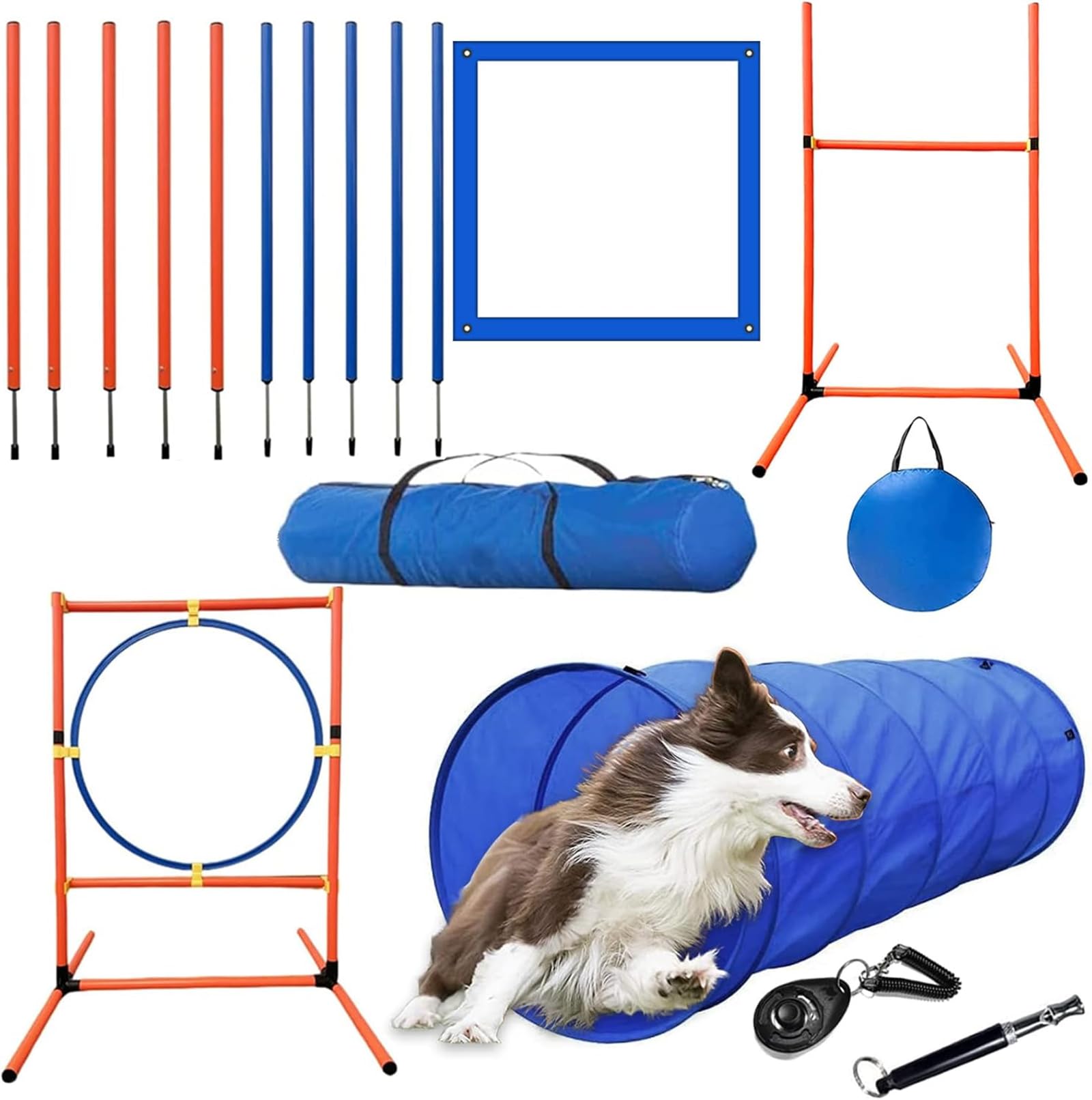 Dog Agility Training Equipment Set, Puppy Jump Training Obstacle Course Starter Kit Pet Agility Outdoor Games Dog Outdoor Games with Tunnel, Weave Poles, Adjustable Hurdle, Jump Ring