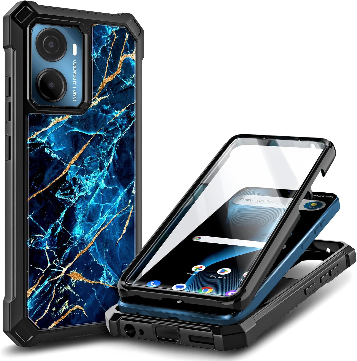 for Cricket Magic 2 5G Case (2024), AT&T Propel 2 5G with [Built-in Screen Protector], [9FT Military Grade Drop Tested] Full-Body Protective Shockproof Bumper Case (Marble Spphire)