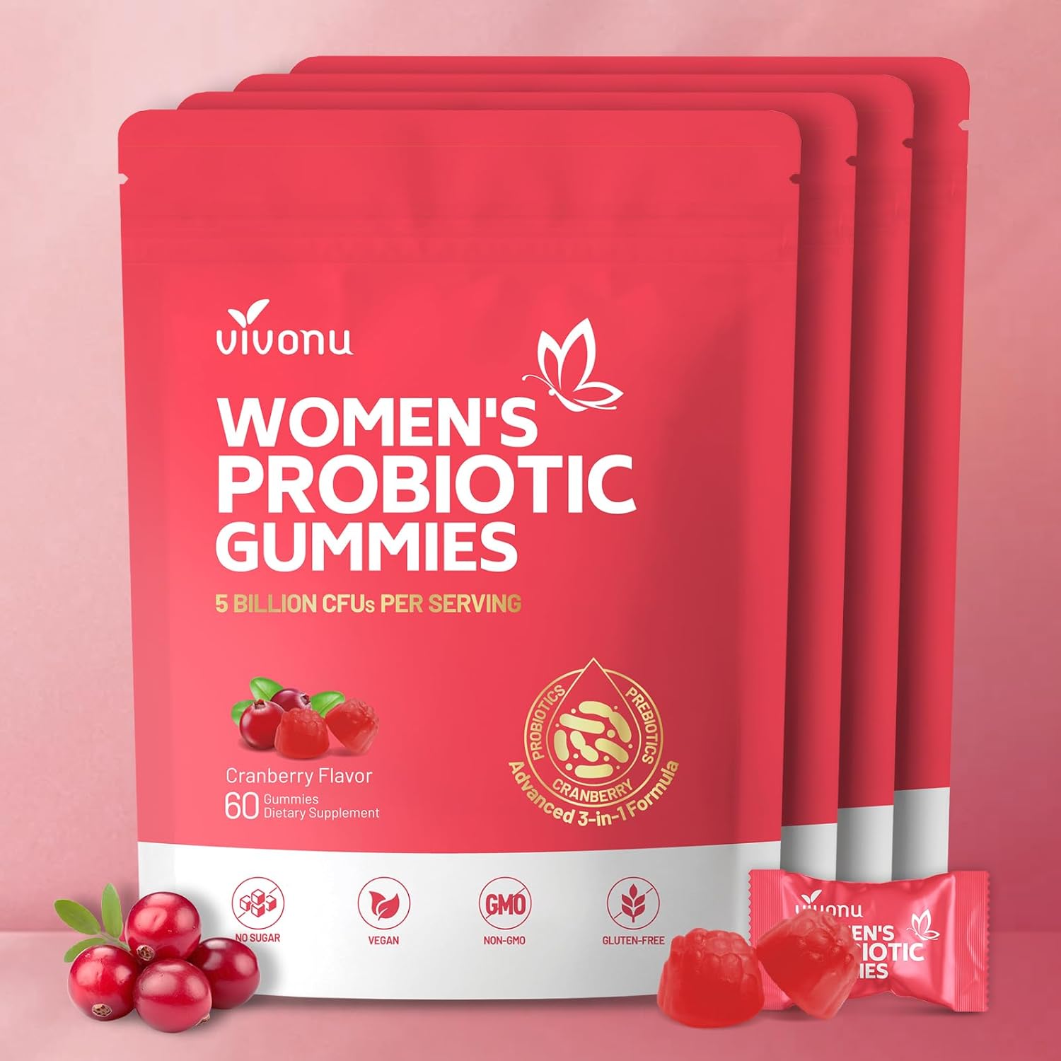 VivoNu Viginal Probiotic for Women, Women Probiotic Gummies, Feminine Balance Gummies, Cranberry Probiotics for Woman Vaginigal Health, Yeast Ph Balance| 60 Gummies