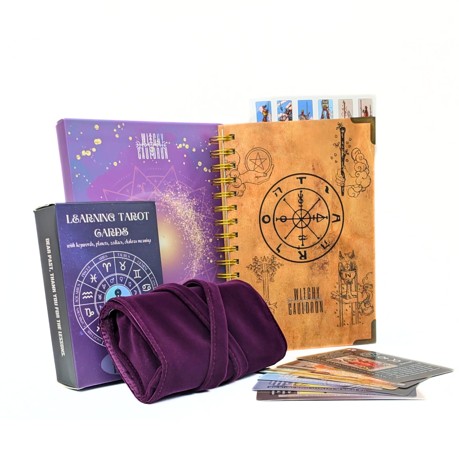 Witchy Cauldron Tarot Learning Set for Beginners: Learning Cards for Beginners, Satin Holder and Tarot Journal for Planning Spiritual (Purple)