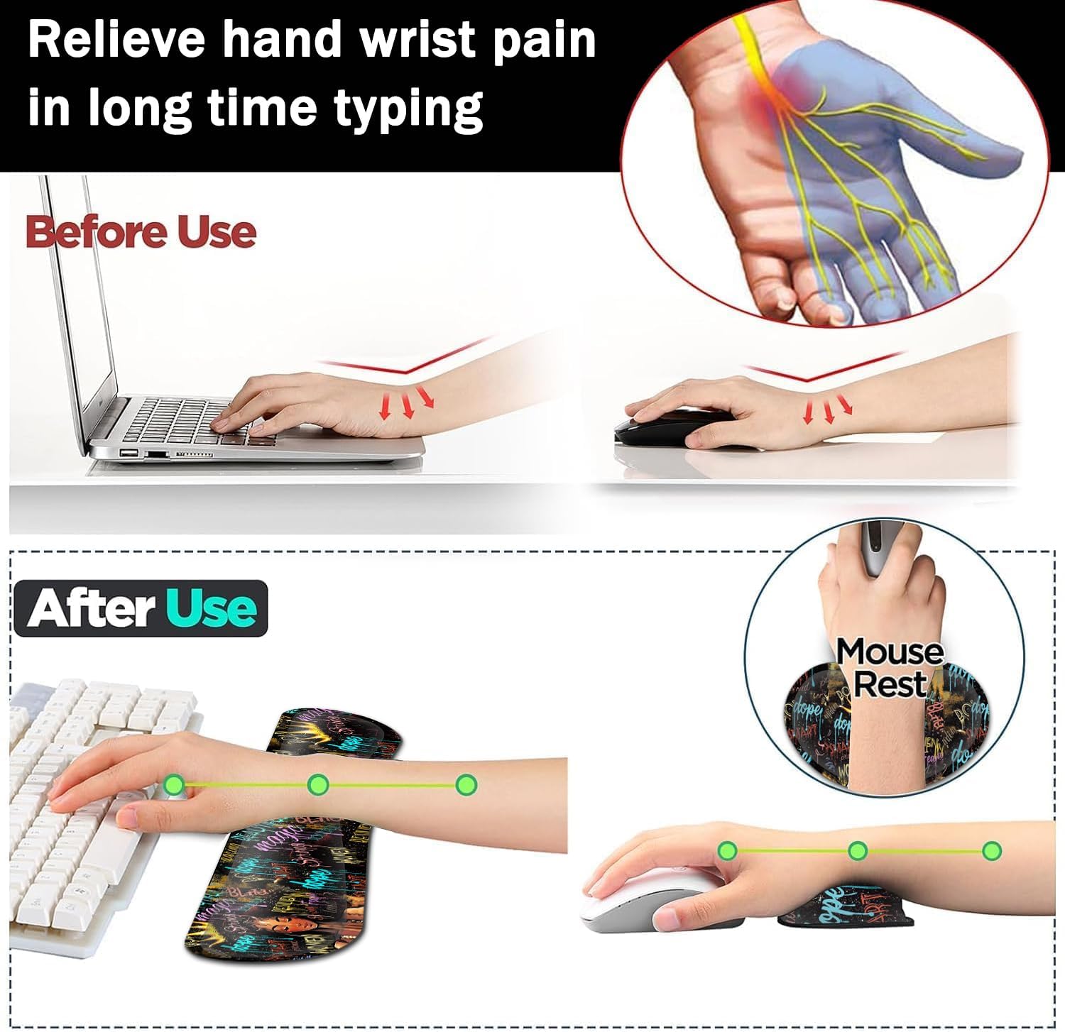 Large Gaming Mouse Pad+ Keyboard Wrist Rest Set, Ergonomics Memory Foam Mouse Mat Wrist Rest Support, Waterproof Extended Mousepad 31.5x11.8in, African American Black Women Graffiti Girl Desk Pad
