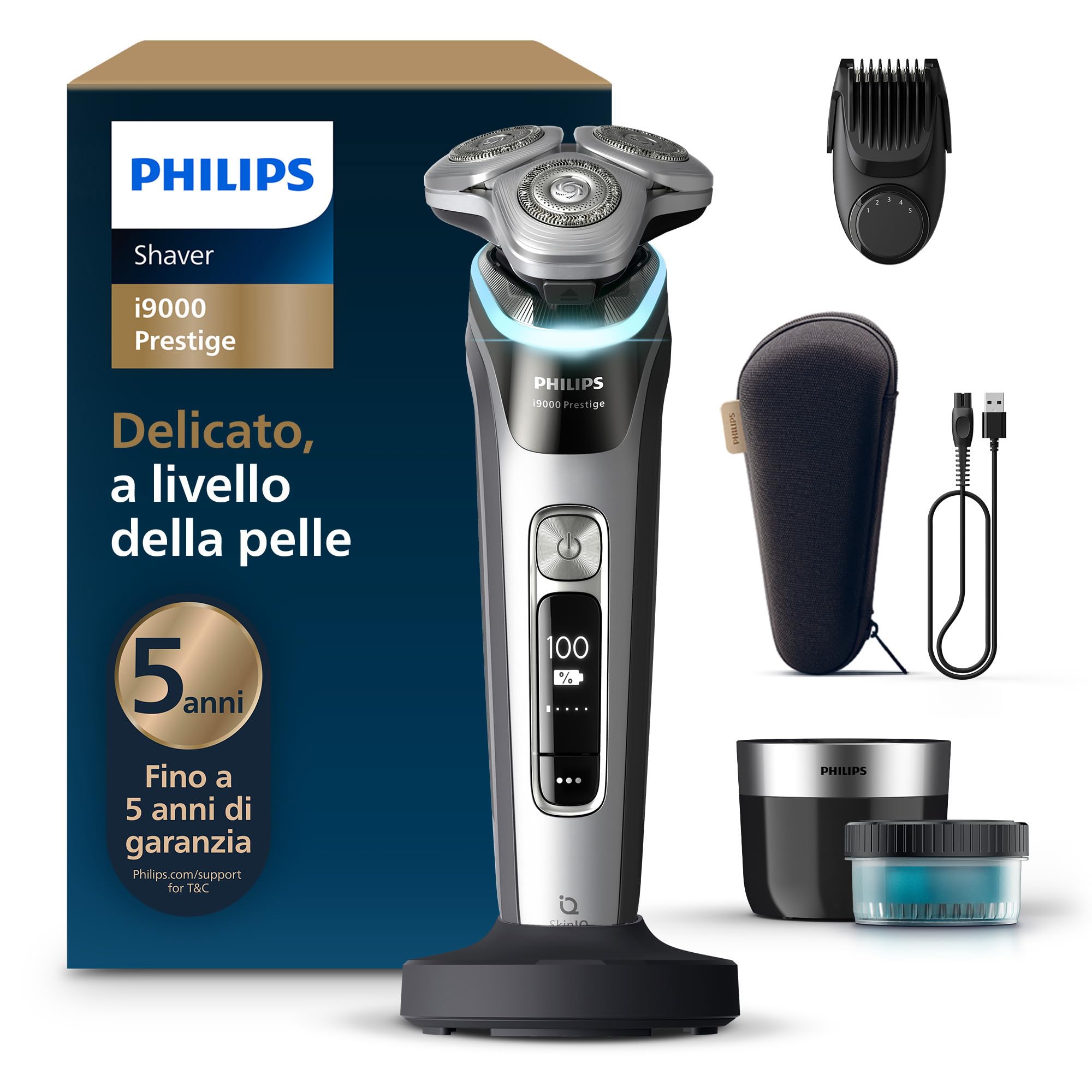 Philips Shaver i9000 Prestige, rasoio elettrico Wet & Dry, tecnologia Skin IQ, triplo sistema di sollevamento e taglio, doppie lame in acciaio di precisione 360°, styler per barba, modello XP9204/​33
