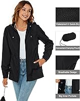 Vista 3 de Avoogue Chaqueta impermeable para mujer, ligera, plegable, con capucha, rompevientos con bolsillo activo