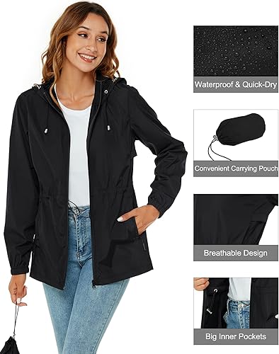 Miniatura 3 de Avoogue Chaqueta impermeable para mujer, ligera, plegable, con capucha, rompevientos con bolsillo activo
