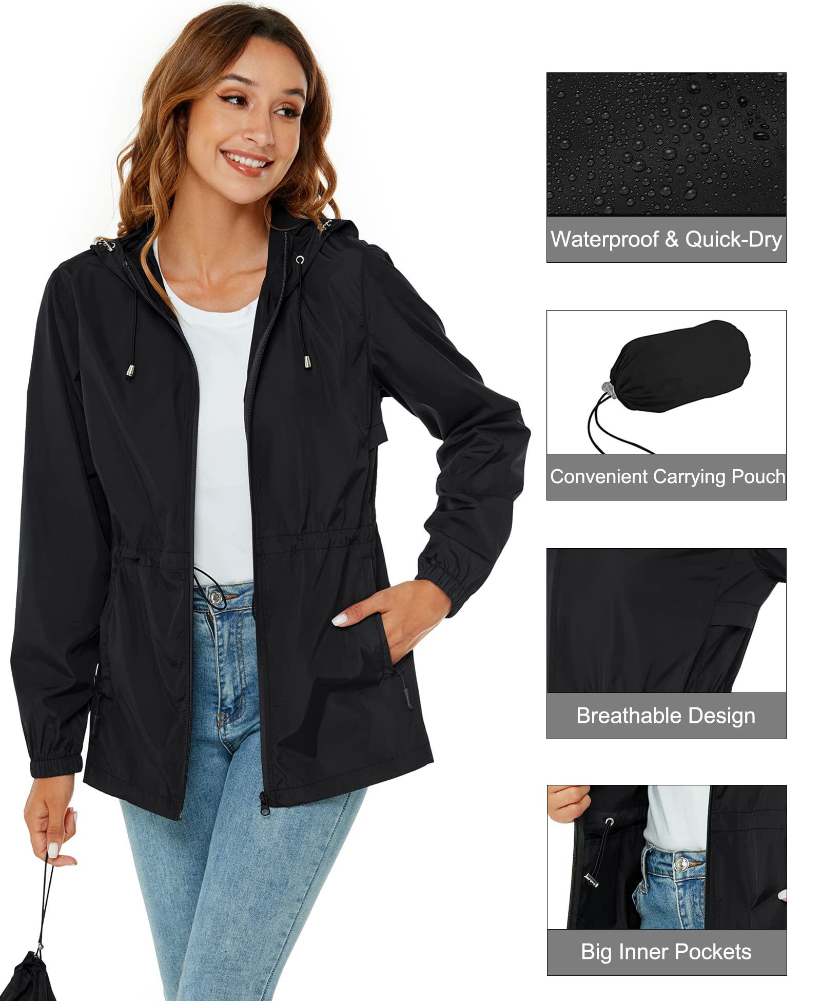 Rapbin Imperméable pour femmes, veste de pluie légère et pliable, avec capuche et poche, style trench-coat