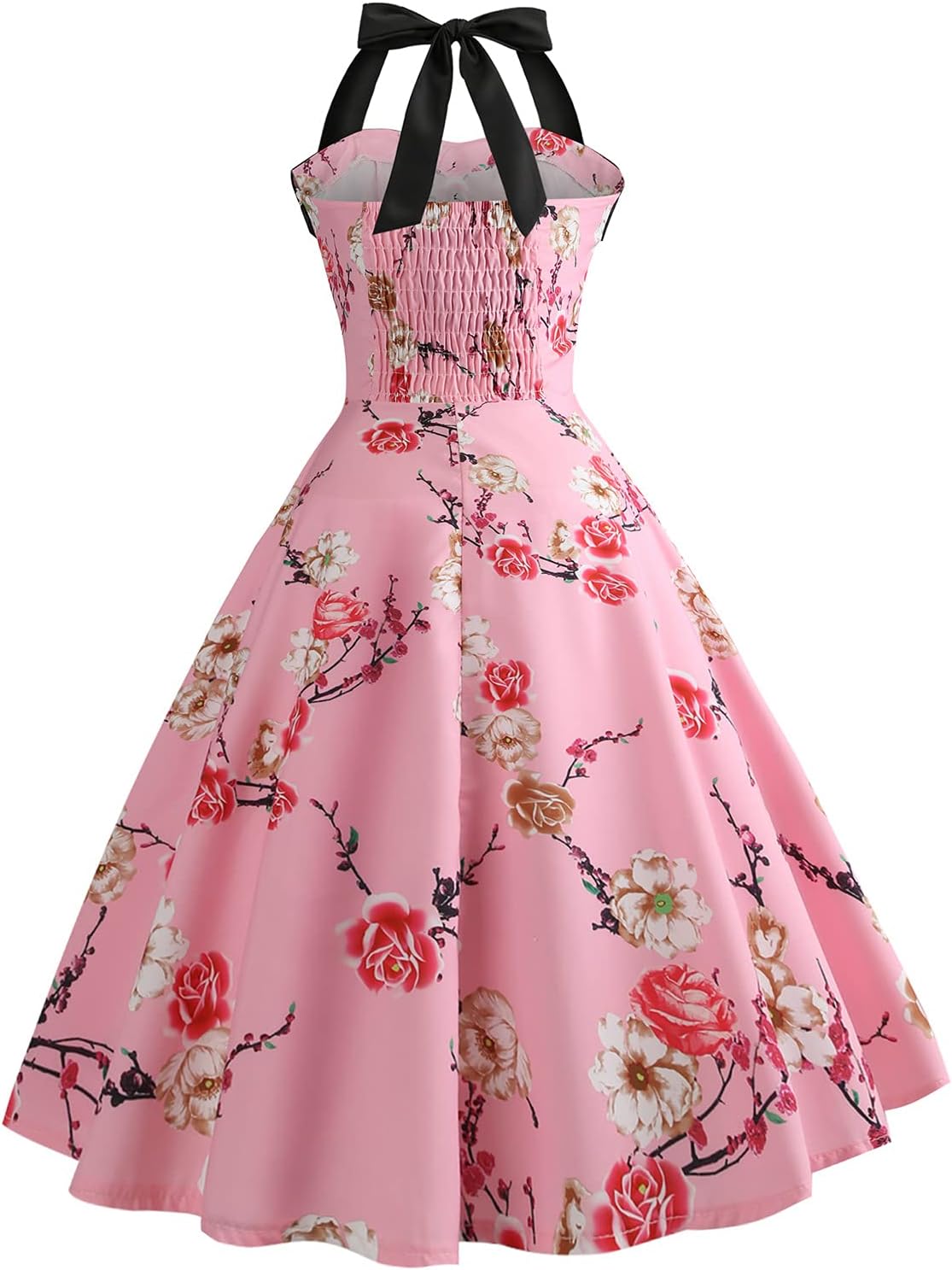 Women 50s 60s Vintage Floral Print Halter Neck Cocktail Swing Dress Buttons Backless Retro 1950s Rockabilly Audrey Hepburn Tea Party Prom Dress Halloween Costume Wedding Evening Gown Plum Blossom S - Image 4