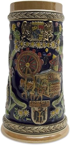 Essence of Europe Gifts Taza grande de jarra de cerveza de 1 litro pintada a mano grabada Munich Alemania Oktoberfest Beer Stein Beer Stein Tazas