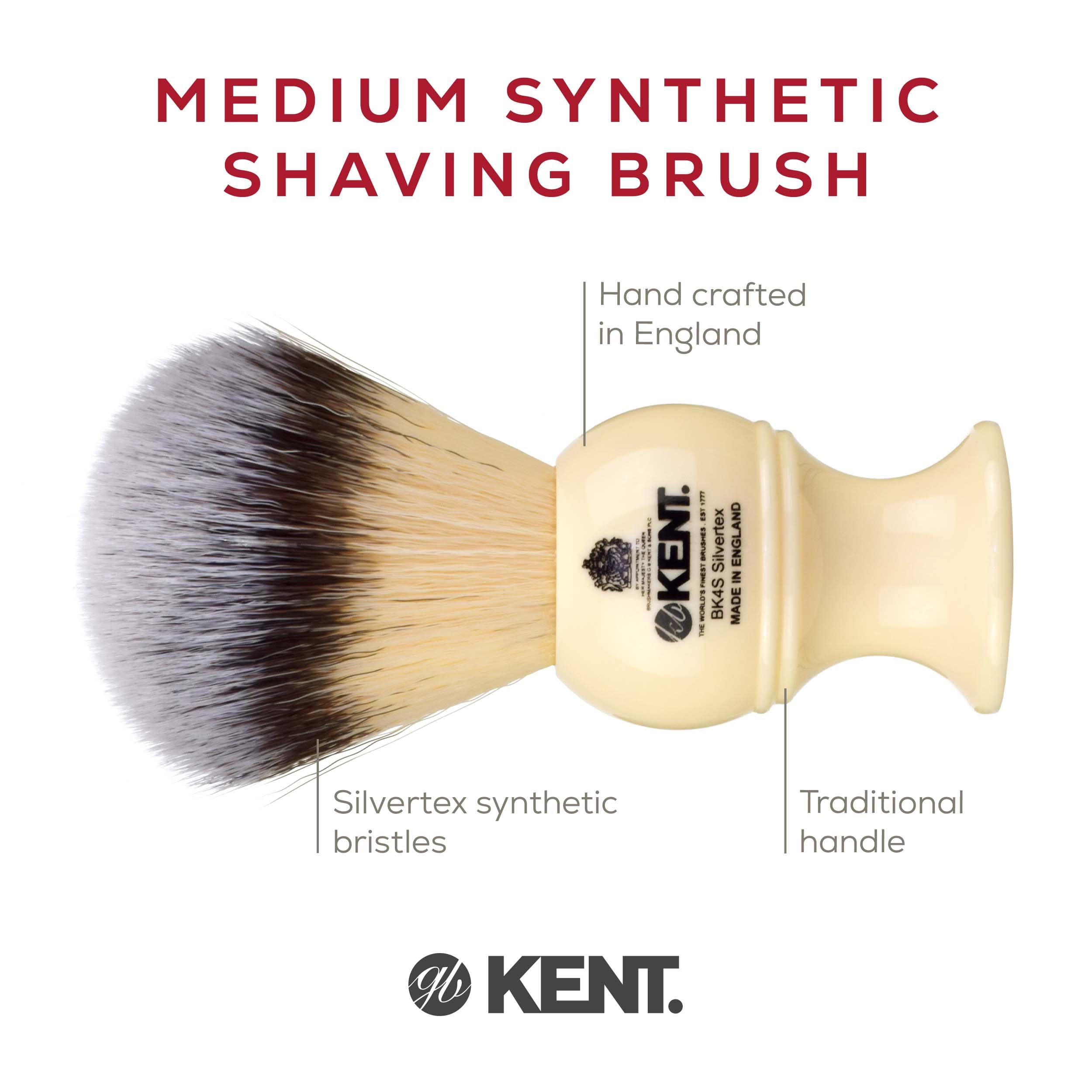 Kent BK4S - Pennello da barba con setole sintetiche ultra morbide e manico in resina di avorio sintetico, da usare con crema da barba o sapone per una schiuma perfetta. Rasatura di lusso dal 1777
