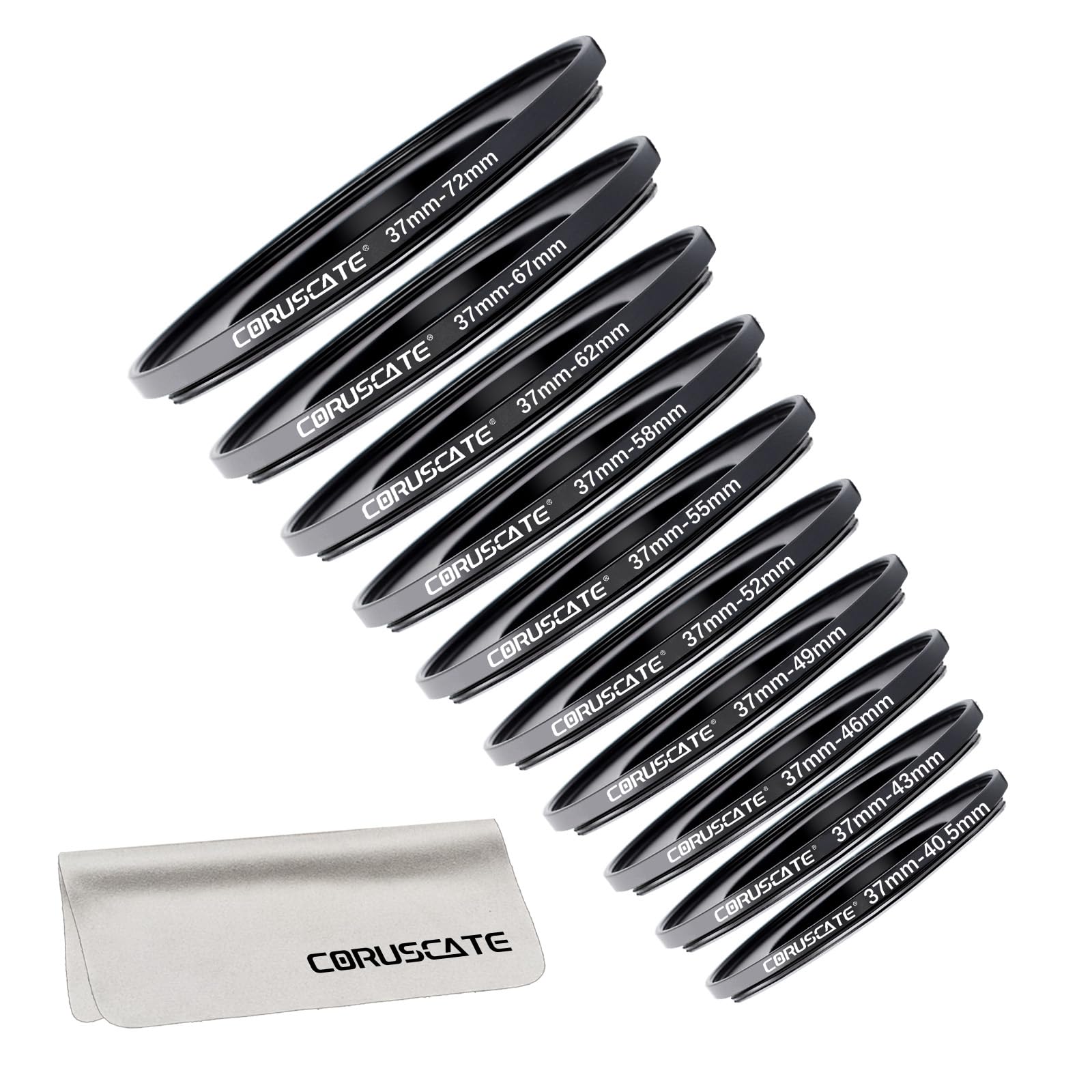 Lot de 10 adaptateurs de bague de filtre de 37 mm pour toutes les marques d'objectifs d'appareil photo de 37 mm - Tailles : 37-40,5/37-43/37-46/37-49/37-52/37-55/37-58/37-62/37-67/37-72 mm + 1 chiffon