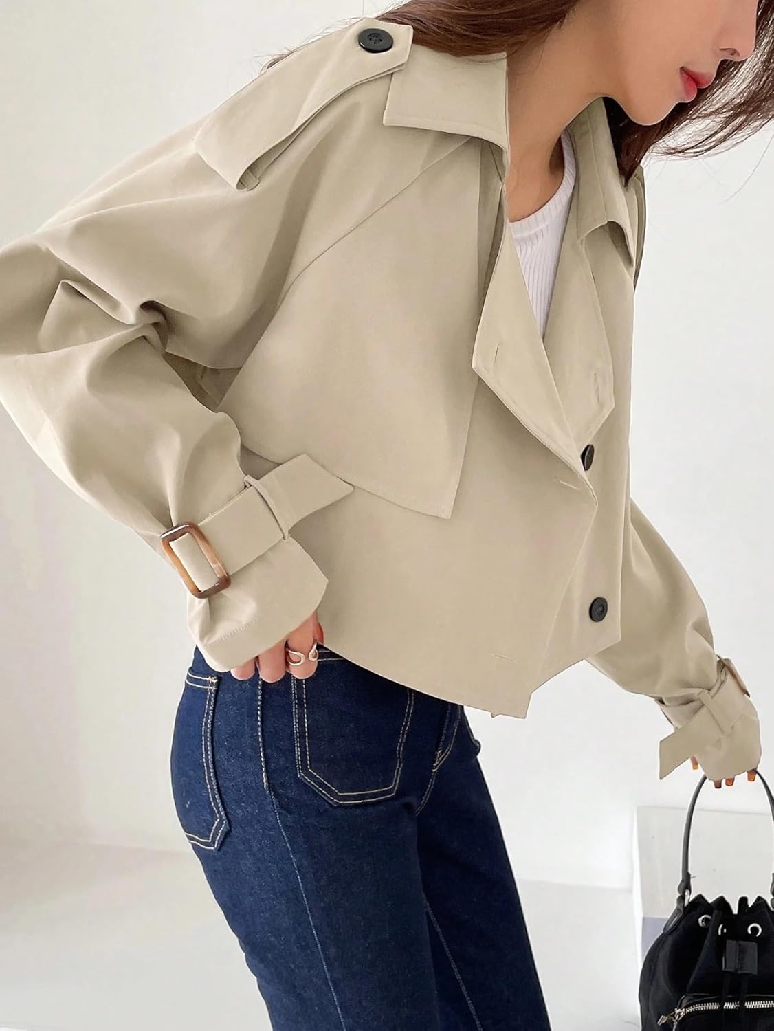 Women's Trench Coat Casual Collar Raglan Sleeve Button Front Trench Coat Classic Overcoat