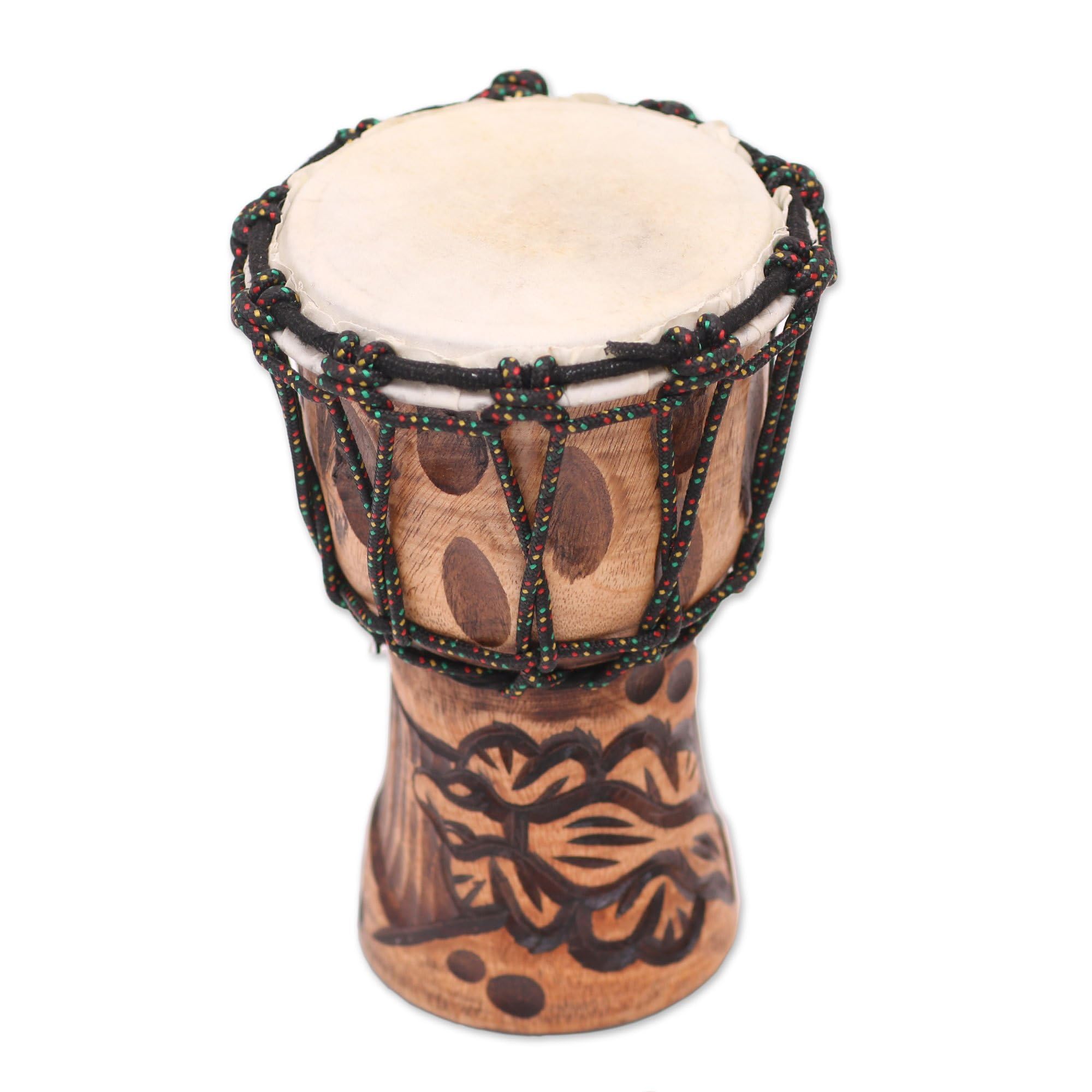 NOVICA Artisan Handmade Mahogany Mini Djembe Drum Bali Brown Woodnatural Fiber Indonesia Musical Instruments Animal Themed Lizard [7.75in H x 5.5in Diam.] 'Gecko Tune'
