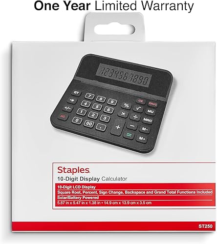 Miniatura 5 de Staples Calculadora básica de batería de 10 dígitosenergía solar, negro, paquete de 2 (St250-Ccvs)