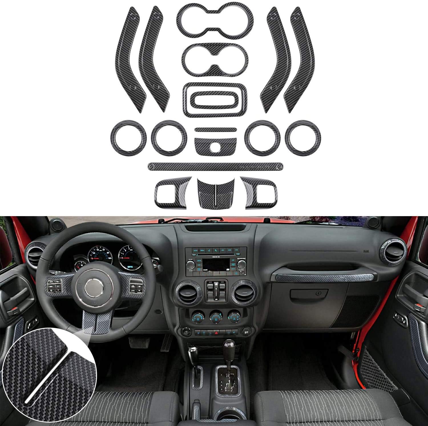 18 PCS Interior Decoration Trim Kit Fit for Jeep Wrangler JK JKU 2011-2018 - Door Handle, Cup Cover, Steering Wheel & Center Console Trim, Gear Shift Knobs Frame & Air Outlet Cover