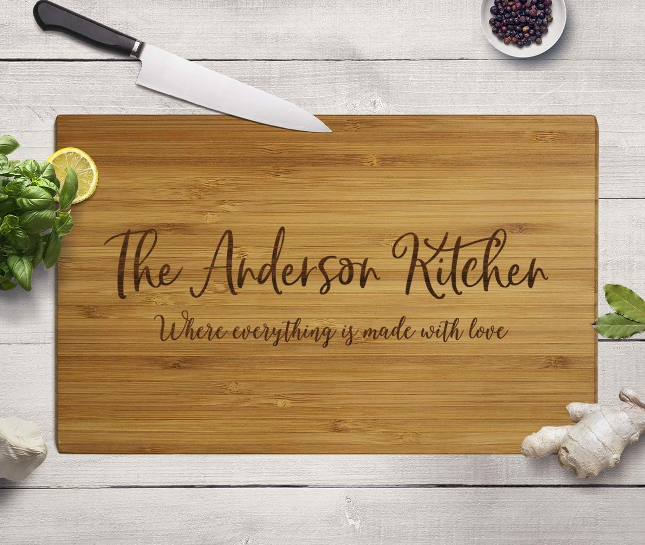 Andaz Press Personalized Large Bamboo Wood Cutting Board Gift for Newlyweds, 17.75 x 11-inch, Rustic Laurels, The Anderson Kitchen, Where Everything is Made Wth Love, 1-Pack, Custom His Her Mr. Mrs.