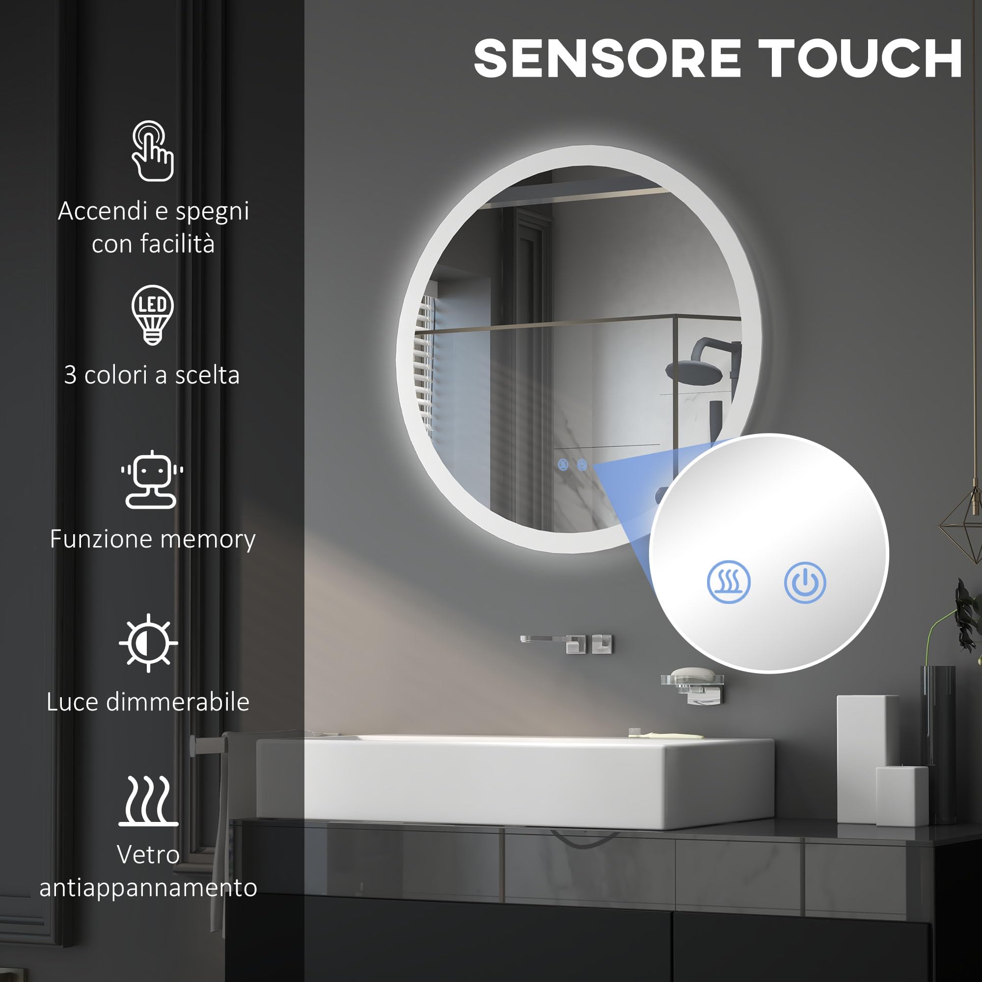 kleankin Specchio Bagno Rotondo con Luce LED Ø70cm, 3 Colori Luce, 3000-6500K, Interruttori Touch, Specchio da Parete Antideflagrante con Luminosità Regolabile, Funzione Memoria, Antiappannamento