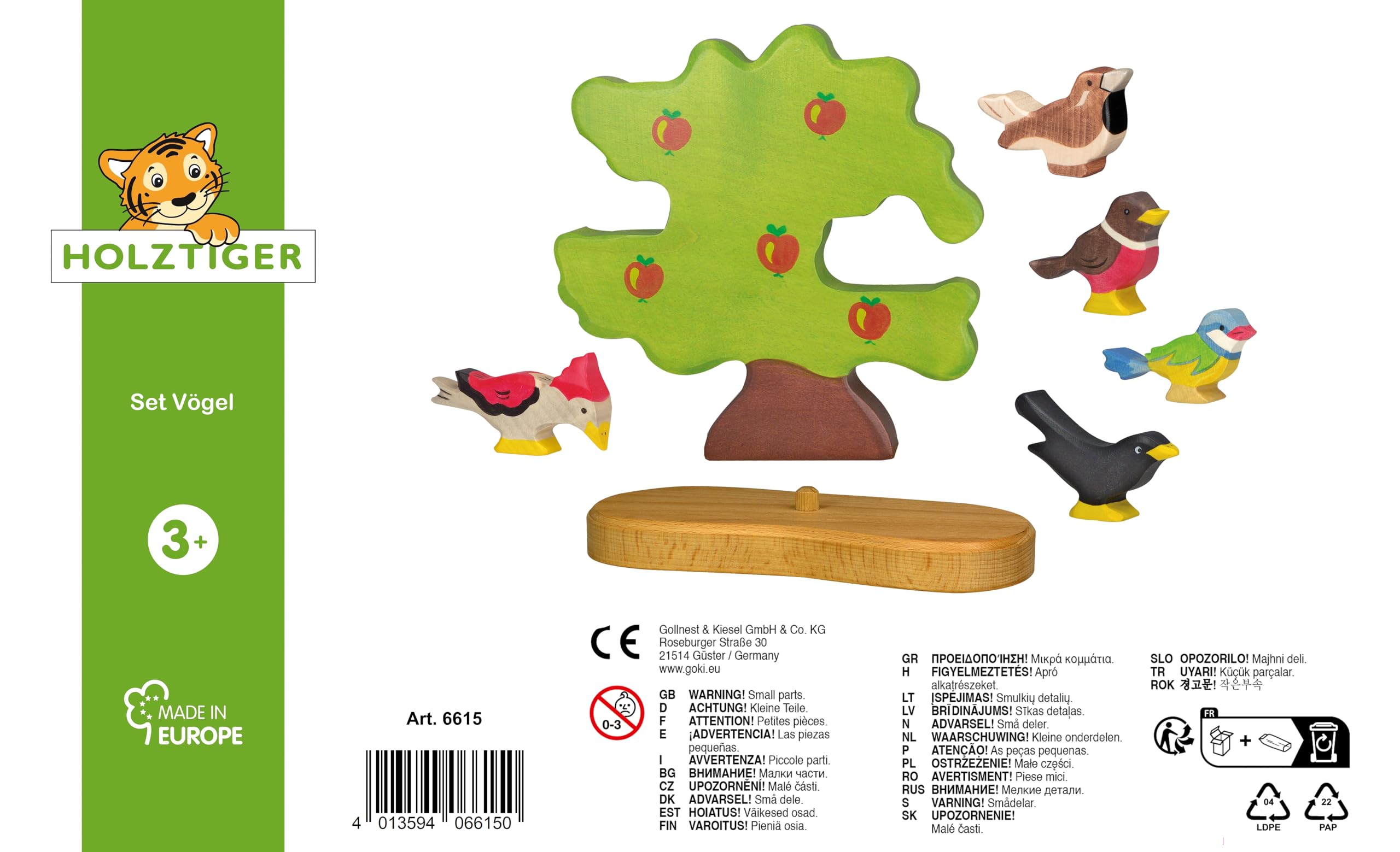 Holztiger 6615 Zestaw ptaków – duża jabłoń z pięcioma figurkami do zabawy, z drewna, dzięcioł, modrak, kos, wróbel i rudzik, z podpórką pod drzewo, ręcznie malowane zabawki dla dzieci, Made in Europe