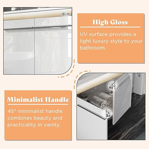 Miniatura 5 de AMERLIFE Tocador de baño flotante LED de 31 pulgadas con fregadero, fregadero individual de alto brillo montado en la pared, gabinete de tocador de