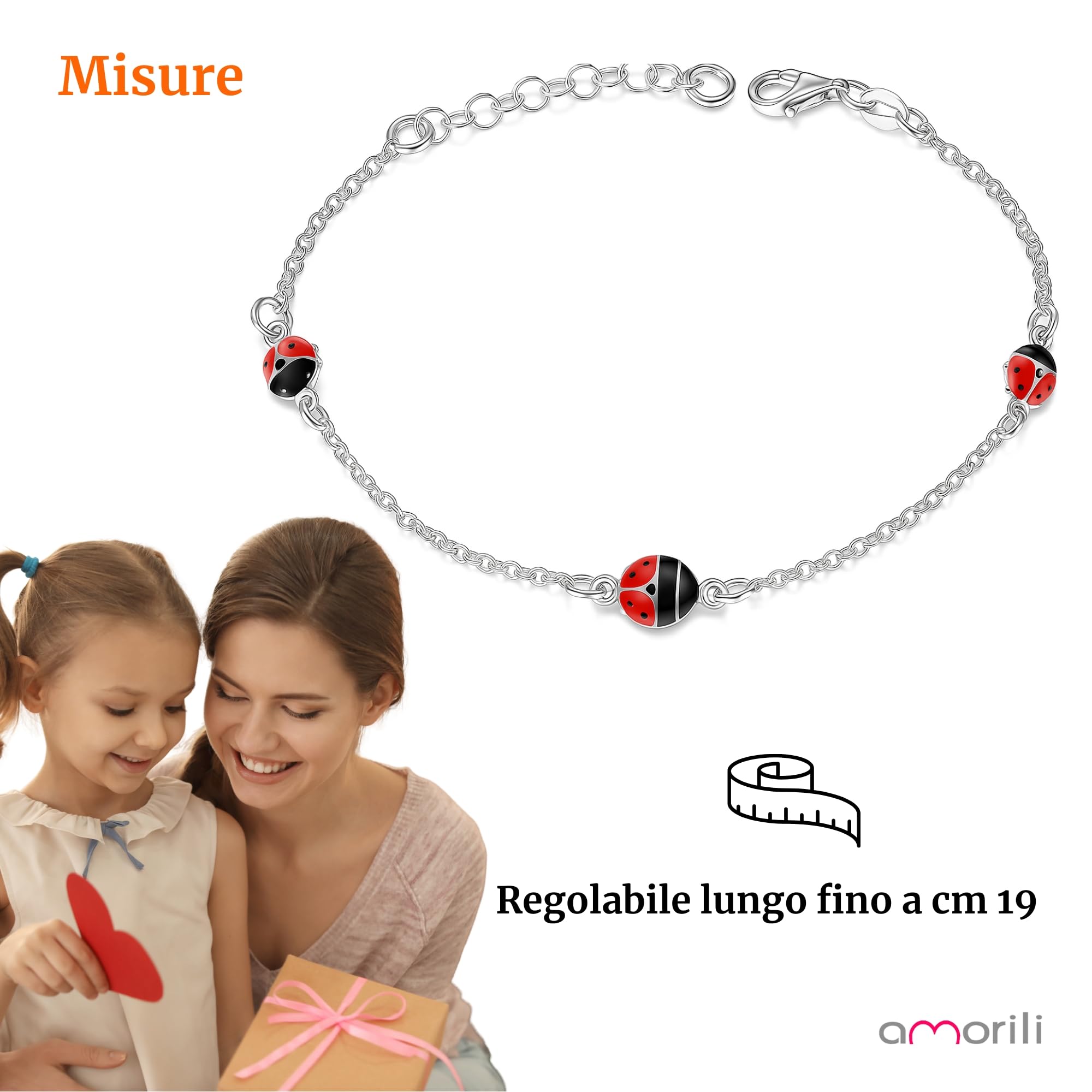 Bracciale Coccinella in Argento 925 per Bambina – Braccialetto Regolabile Portafortuna – Gioiello Ragazza – Idea Regalo Bambine – Confezione Regalo Inclusa