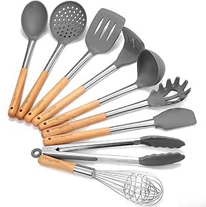 Godmorn Silikon Küchenhelfer Set, 9 Teilig Küchenutensilien aus Edelstahl und Holzoptik, Aufhängen Hitzebeständig Kochbesteck, Pfannenwender, Zange, Schneebesen, Spaghettilöffel, Schöpflöffel