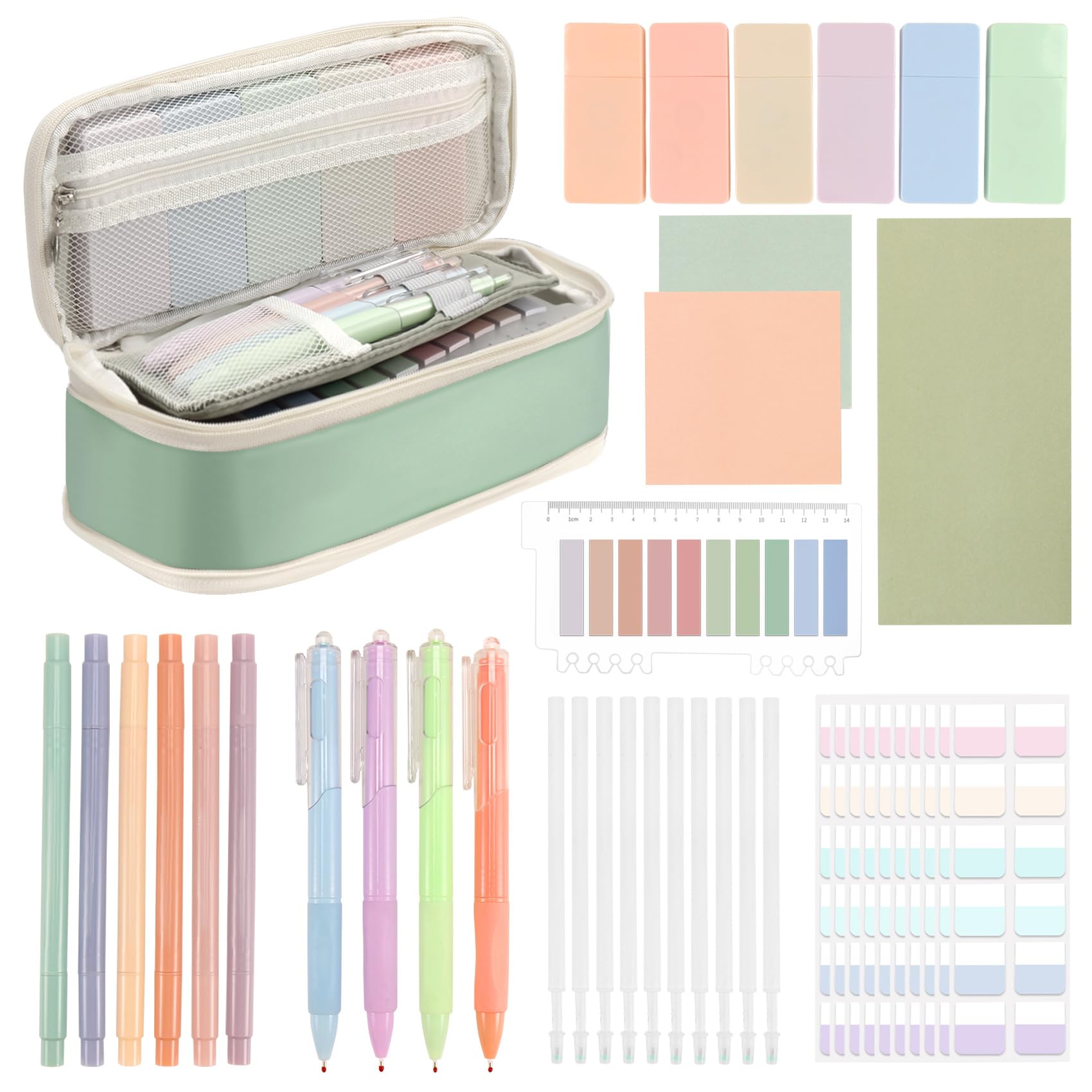 Povxlum 29 Pcs Aesthetic College School Supplies with Pen Case Sticky Notes Gel Pens Highlighters Correction Tapes Back to School Stationery Kit Gifts (Green)