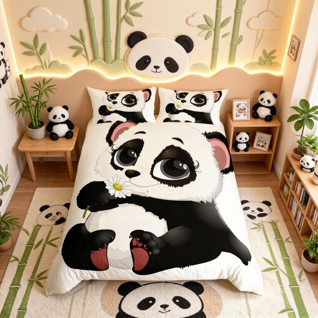 Loussiesd Panda Bedding Set for Kids Teens Cute Animal Pattern Comforter Cover Boys Girls Cartoon Giant Panda Duvet Cover Bear Printed Wildlife Bedspread Cover Bedroom Decor 2Pcs Junior/Cot Bed Size