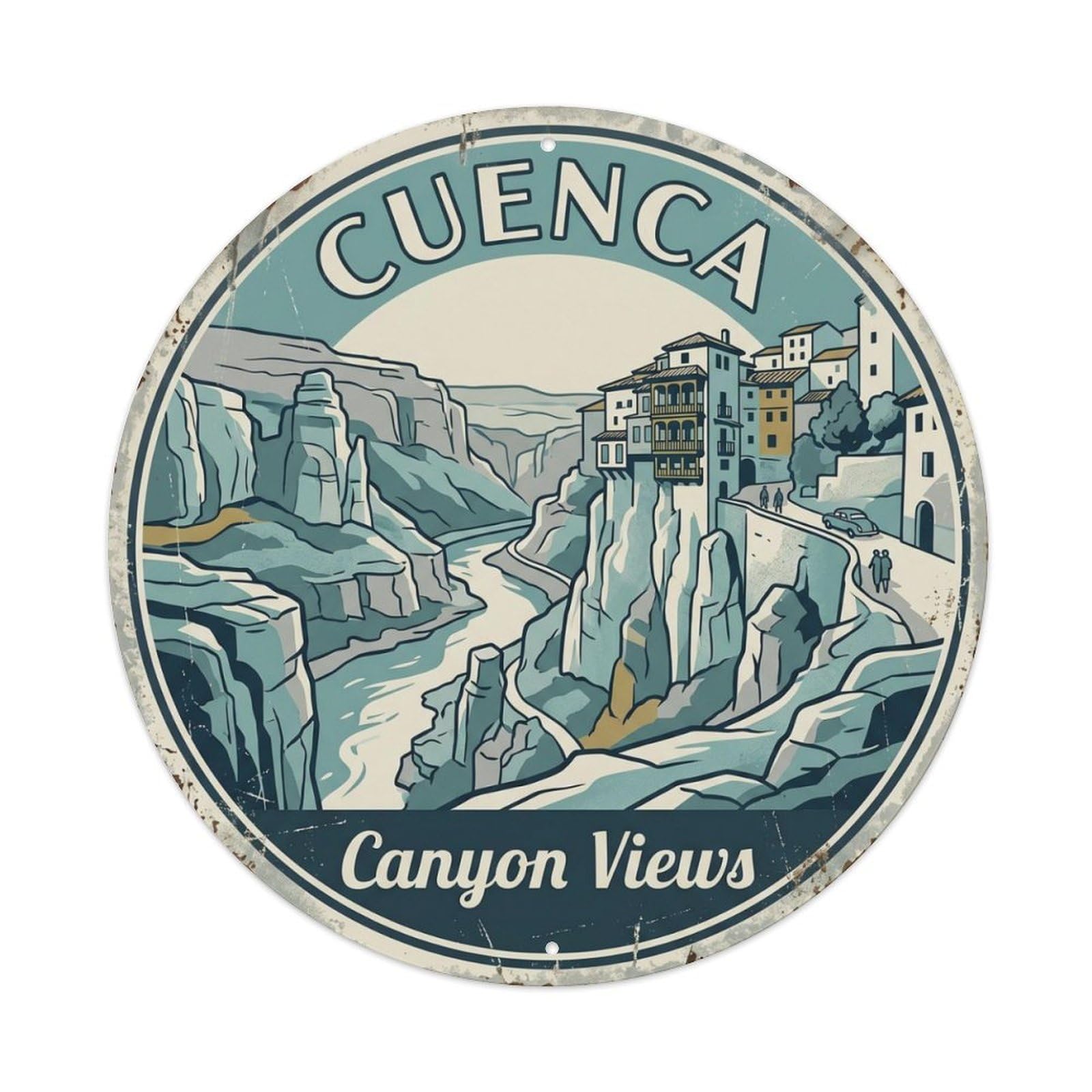 Vintage Travel Canyon Spain Gorge Metal Tin Sign Plaque Wall Decor for Cafe, Club, Garden Round Metal Poster 8x8Inch