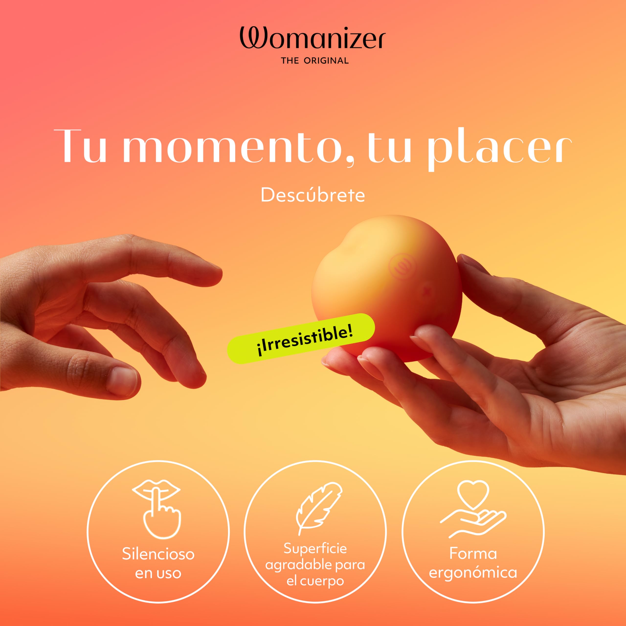 Womanizer Peach Succionador de Clítoris | Vibrador de Ondas de Presión Air Pulse | 14 Niveles | Cargador USB | Impermeable IPX7 | Cable de Carga y Base Soporte | Diseño Melocotón | Autonomía 60 min