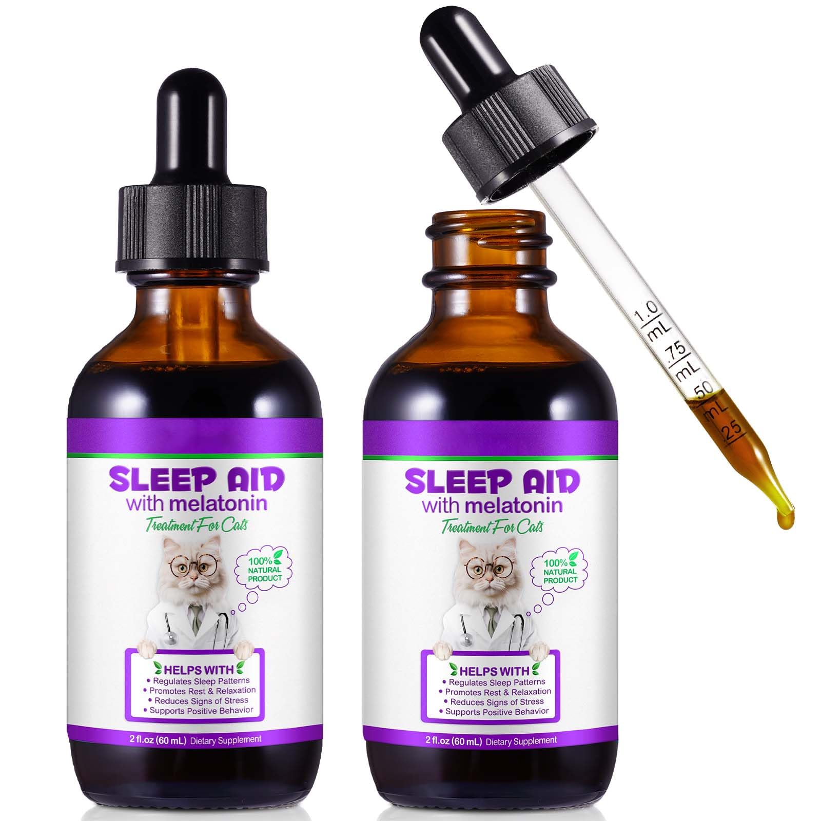 Melatonina para gatos y gotas calmantes para el alivio de la ansiedad felina de 60 ml