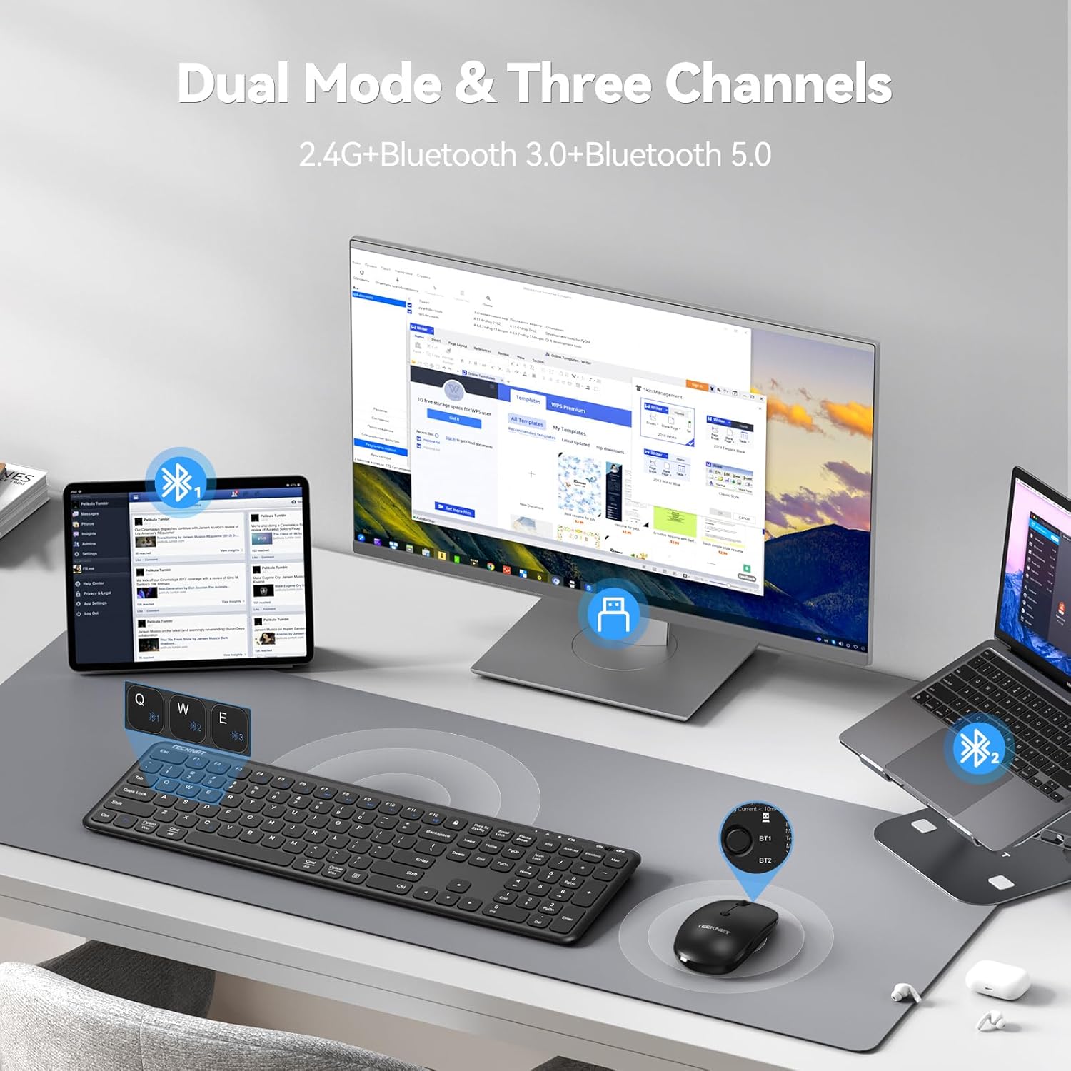 TECKNET Keyboard and Mouse connected to multiple devices