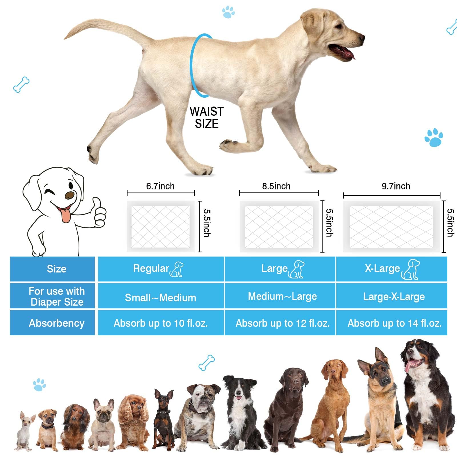 Pañales para perros machos y hembras, 150 unidades, almohadillas de refuerzo desechables de absorción ultrarrápida, protección perfecta para la mayoría de bandas reutilizables para el vientre de