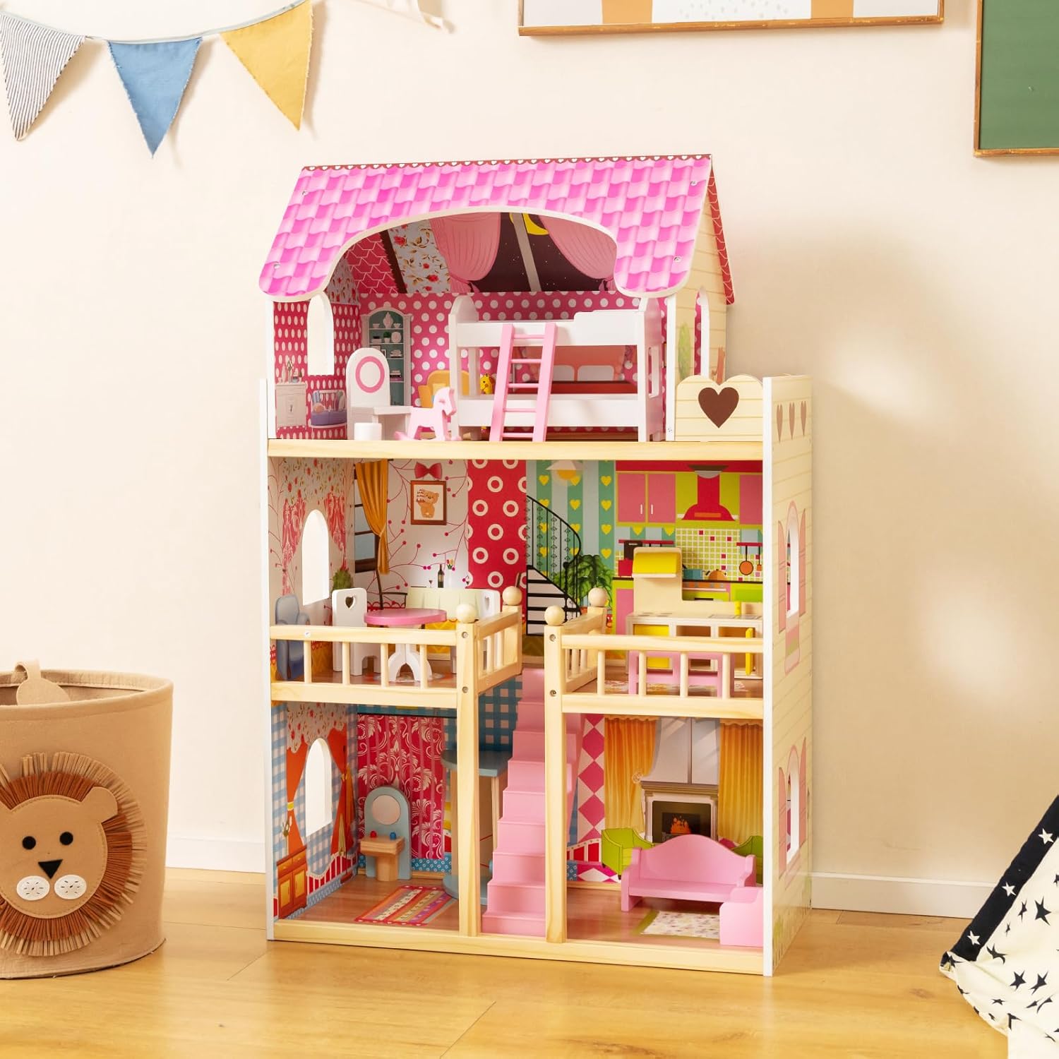HONEY JOY Pink Doll House, Wooden Kids Dollhouse with Balcony & Stairs, 15 Pieces Accessories & Furniture Included, Large 3-Story Easy to Assemble Doll House Toy, Gift for Toddler Boys Girls, Pink