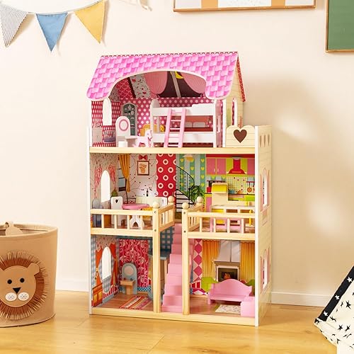 Miniatura 2 de HONEY JOY Casa de muñecas rosa, casa de muñecas de madera para niños con balcón y escaleras, 15 piezas de accesorios y muebles incluidos, juguete