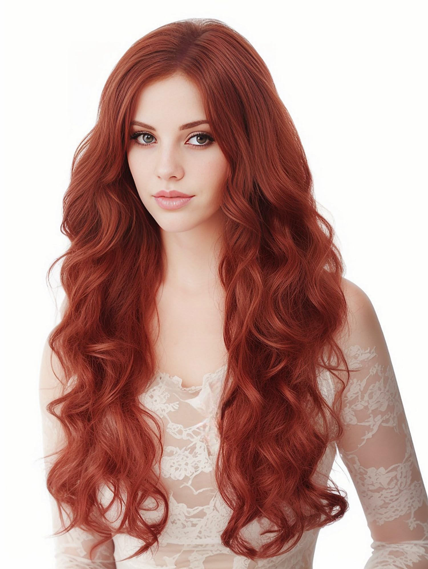NJJYXH 24 Inches Auburn Wigs for Women Long Copper Red Wavy Wig Synthetic Natural Ginger Wig for Cosplay,Halloween,Daily Use