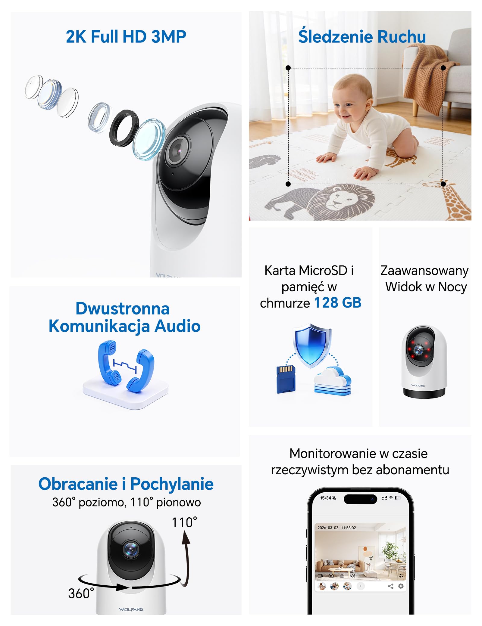 WOLFANG Kamera bezpieczeństwa 2K do użytku wewnątrz, kamera WiFi 3 MP, kamera dla zwierząt domowych z wykrywaniem dźwięku ruchu, obrót o 360°, noktowizor, 2-drożny dźwięk, chmura/SD, działa tylko z