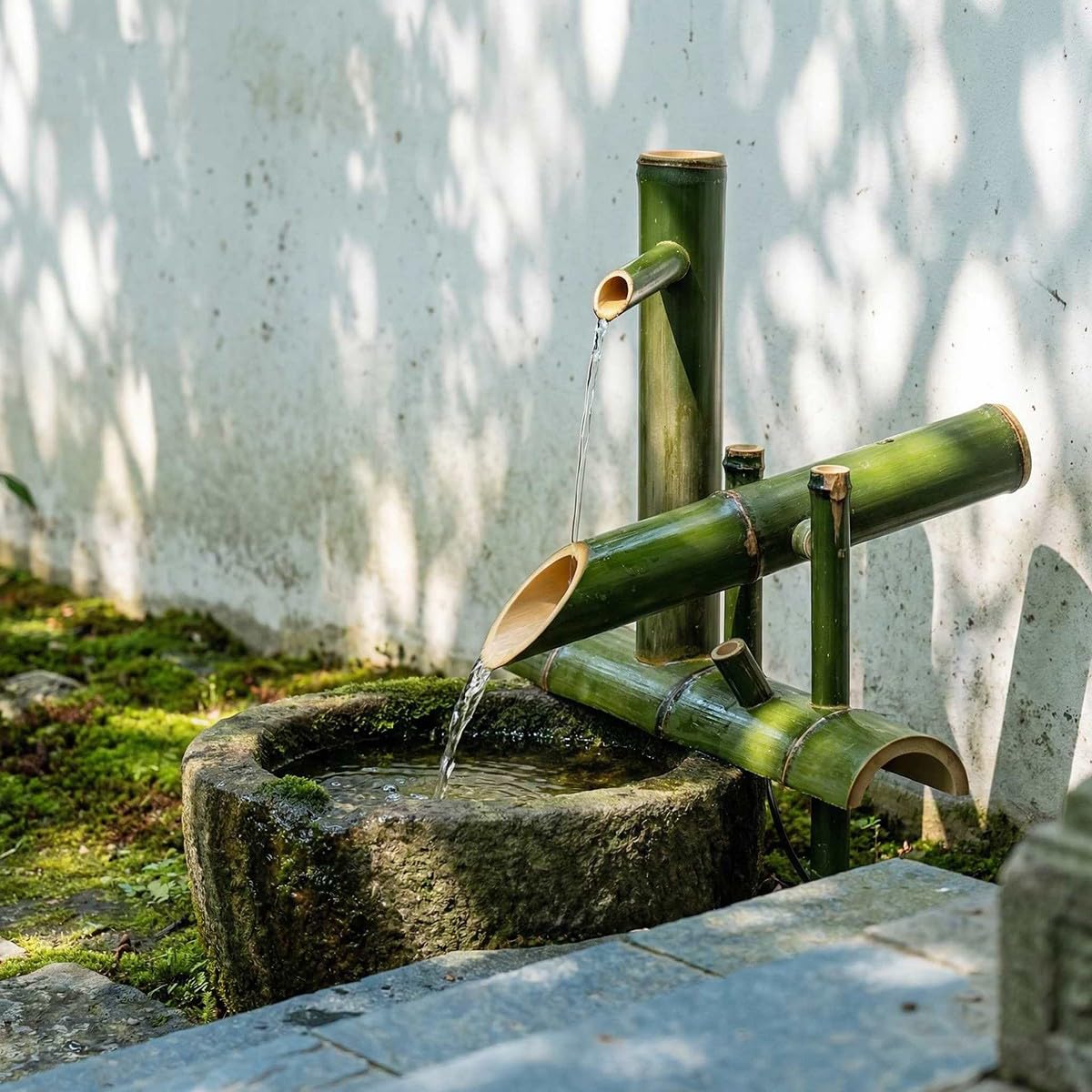bambù Fontana Solare, Fontana Cascata con Pompa per Laghetto, Patio e Arredamento Giapponese, Arredamento Naturale