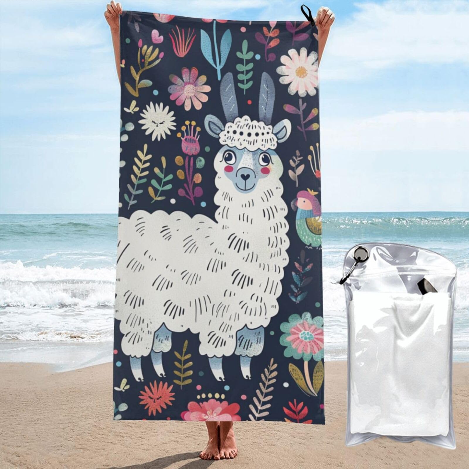 BWWHCCTI Cute Llama Floral Printed Microfiber Quick Dry Beach Towel 80x160 CM, Fast Drying Bath Towels with Bags for Travel,Camping,Gym,Beach,Swimming,Yoga